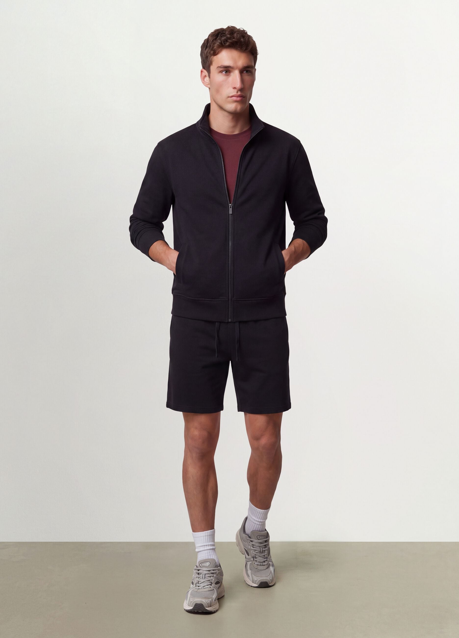 Black cotton-blend sweatshirt with crew neck and zip, regular fit