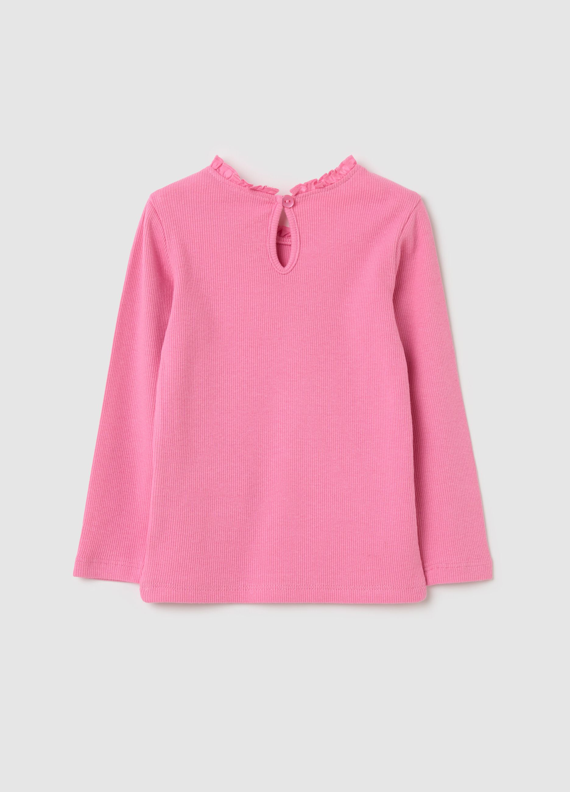Ribbed T-shirt with long sleeves and frills