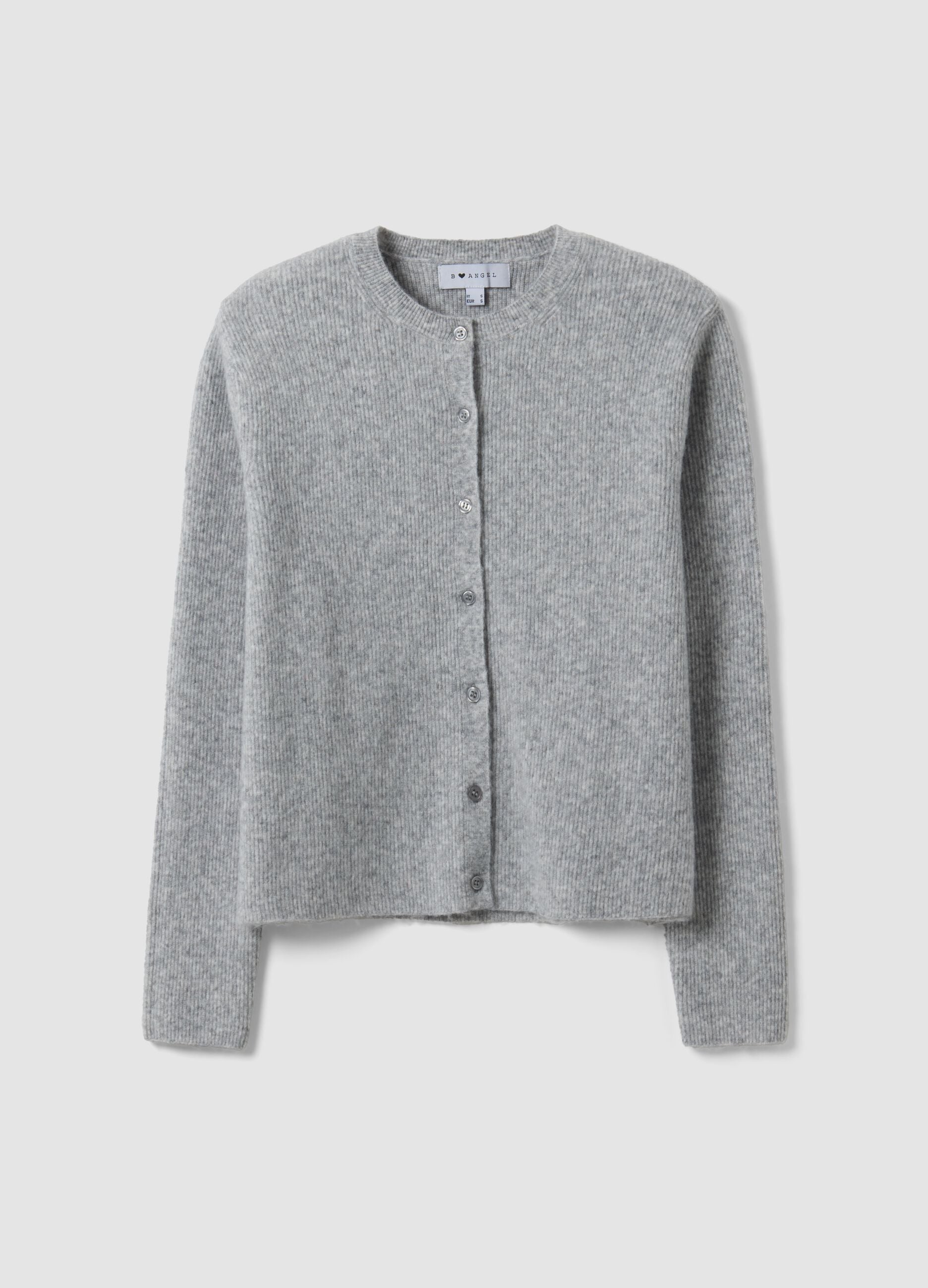 Cardigan grigio girocollo in misto lyocell e lana over fit