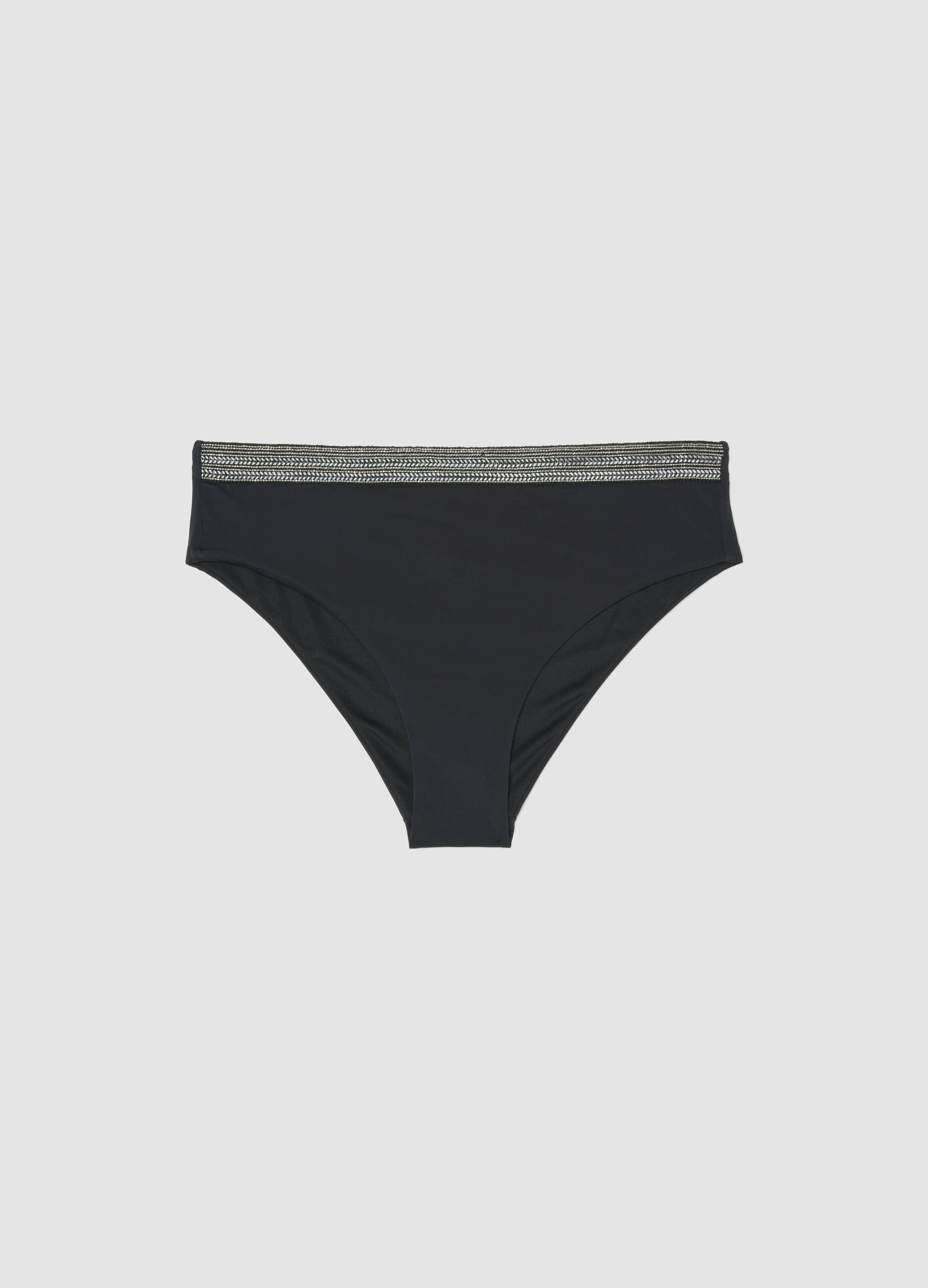 Black stretch swim briefs with embroidered details