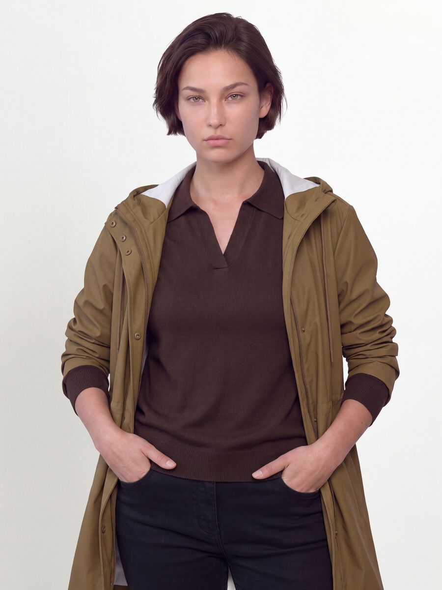 Brown rain jacket with hood, zip and snap-button fastening, regular fit_1