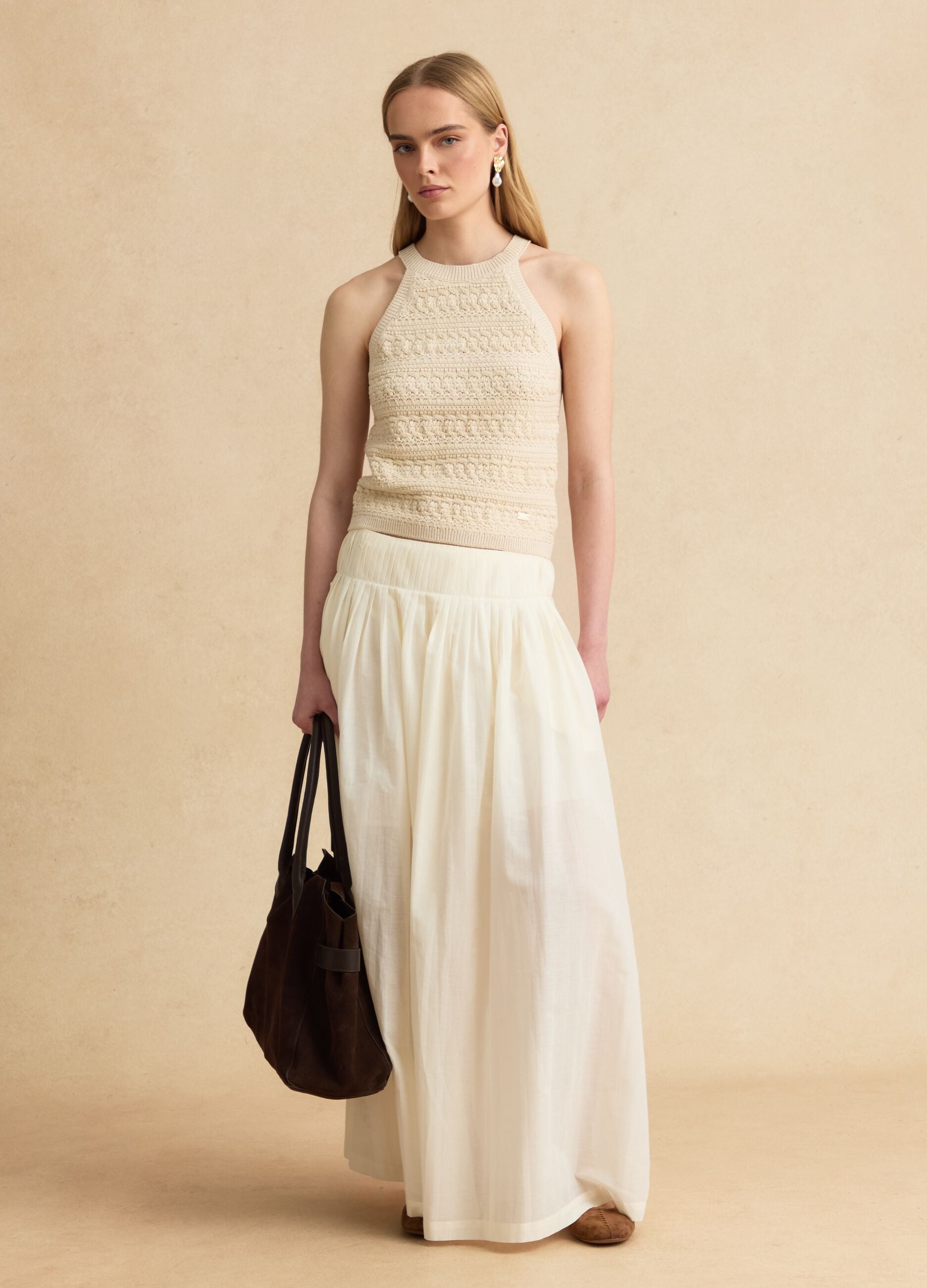 Beige cotton-blend knitted top