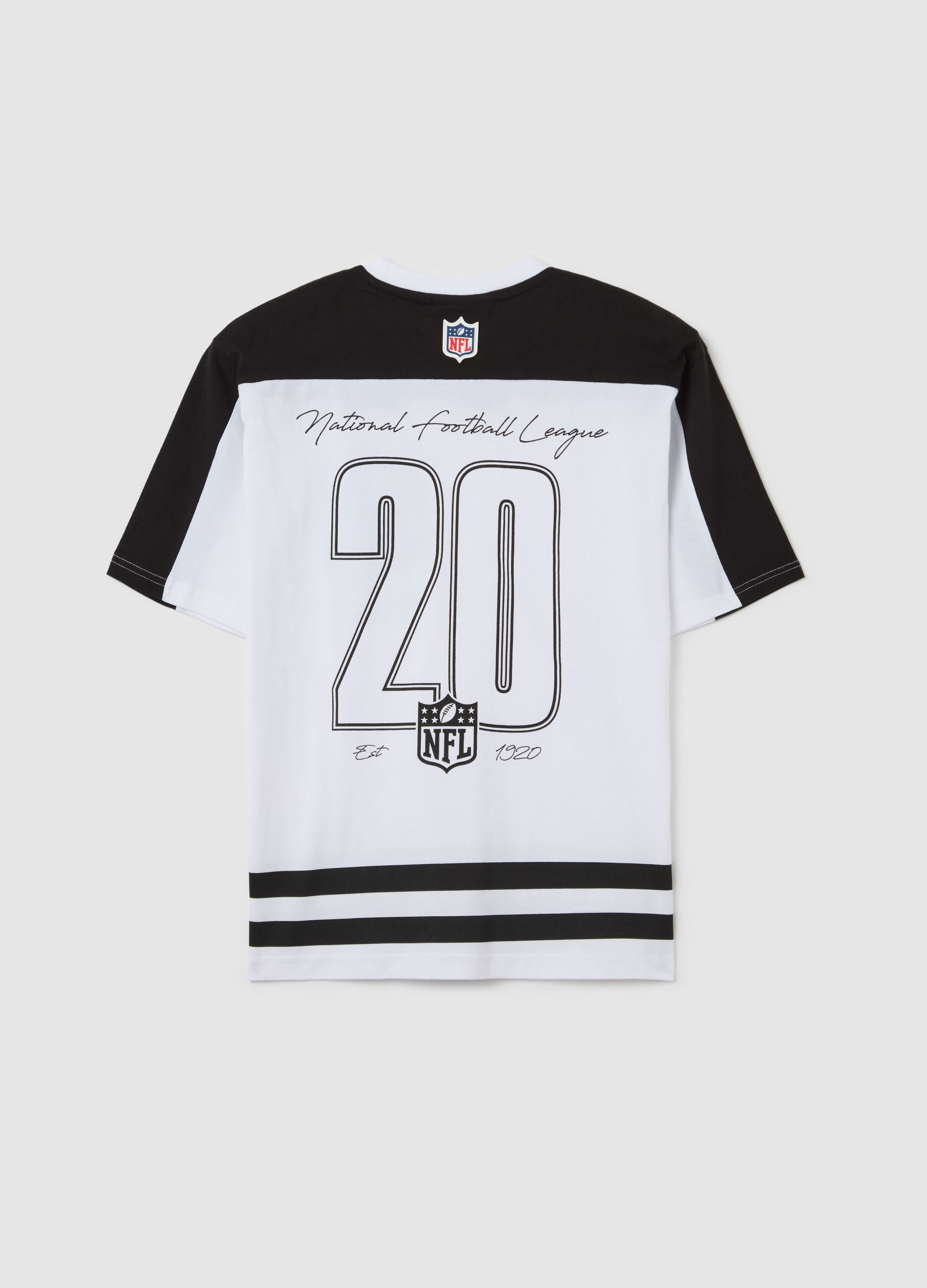 Black and white two-tone cotton T-shirt with NFL print