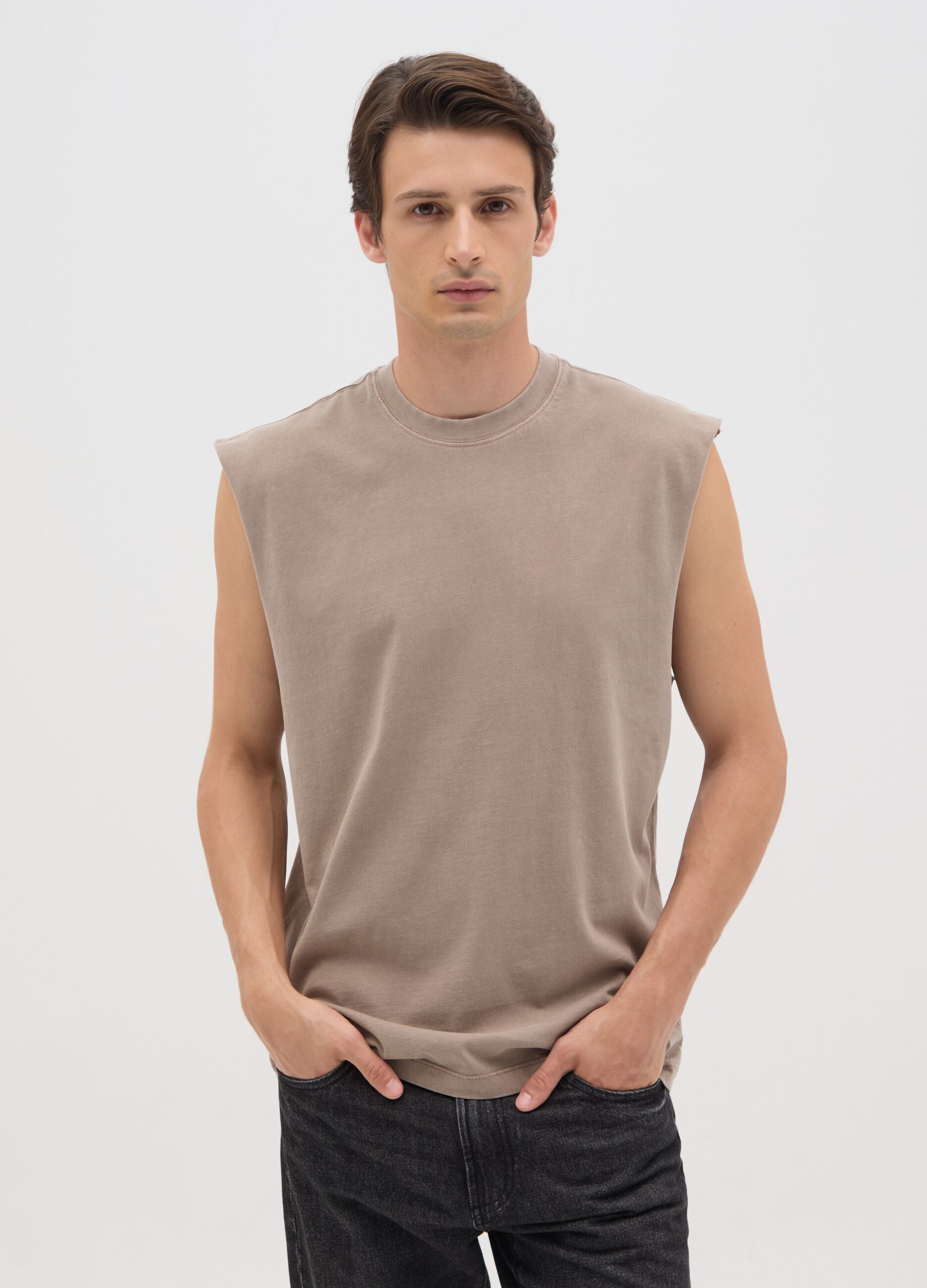 Men's beige pure cotton tank top regular fit