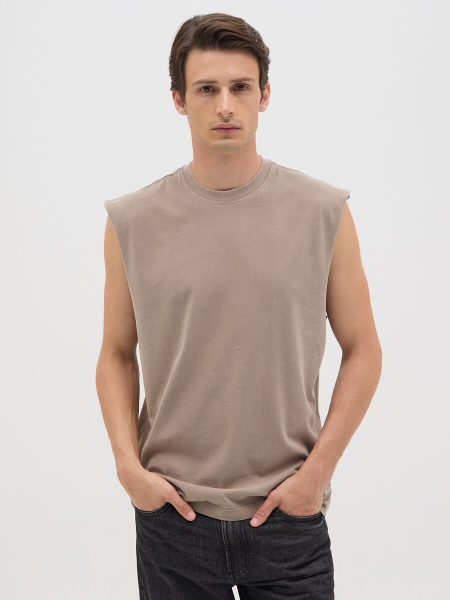 Men's beige pure cotton tank top regular fit_0