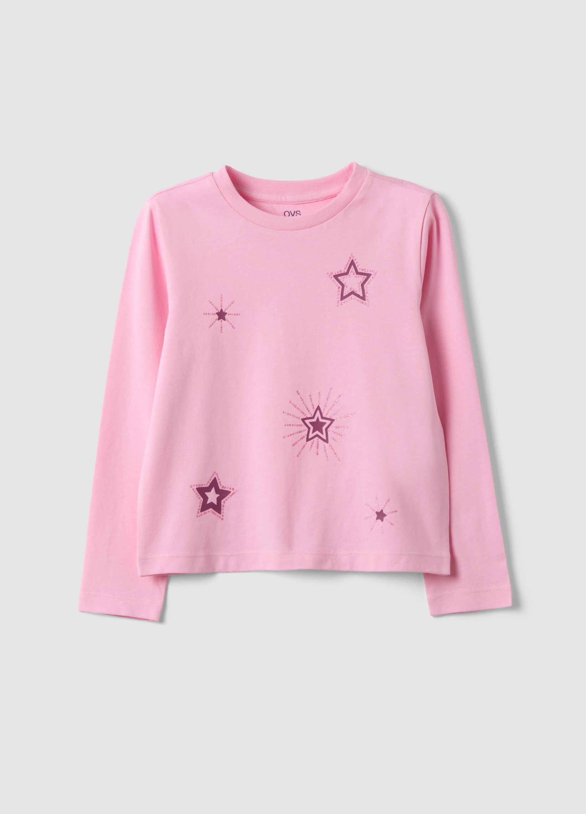 Pink pure organic cotton T-shirt with star print for girls