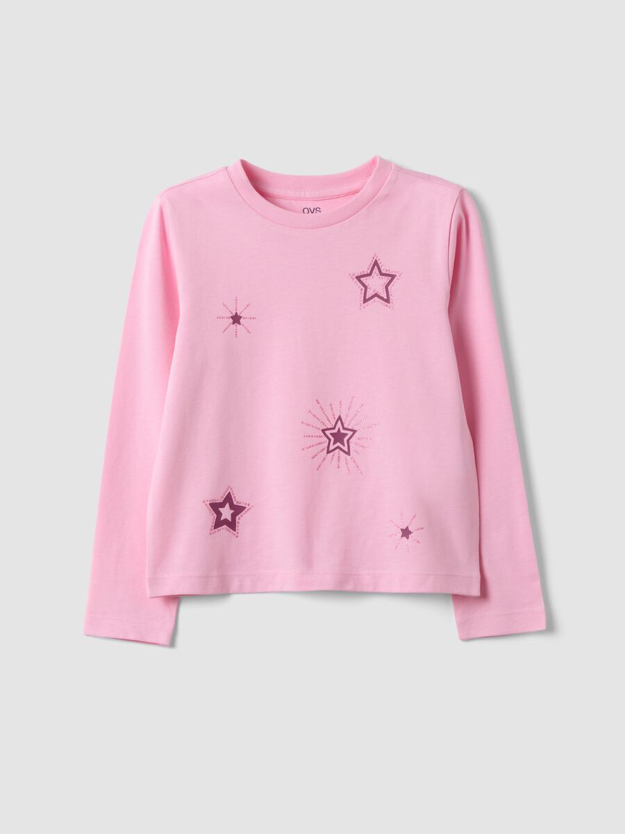 T-shirt rosa in puro cotone organico con stampa stelline per bambina_0