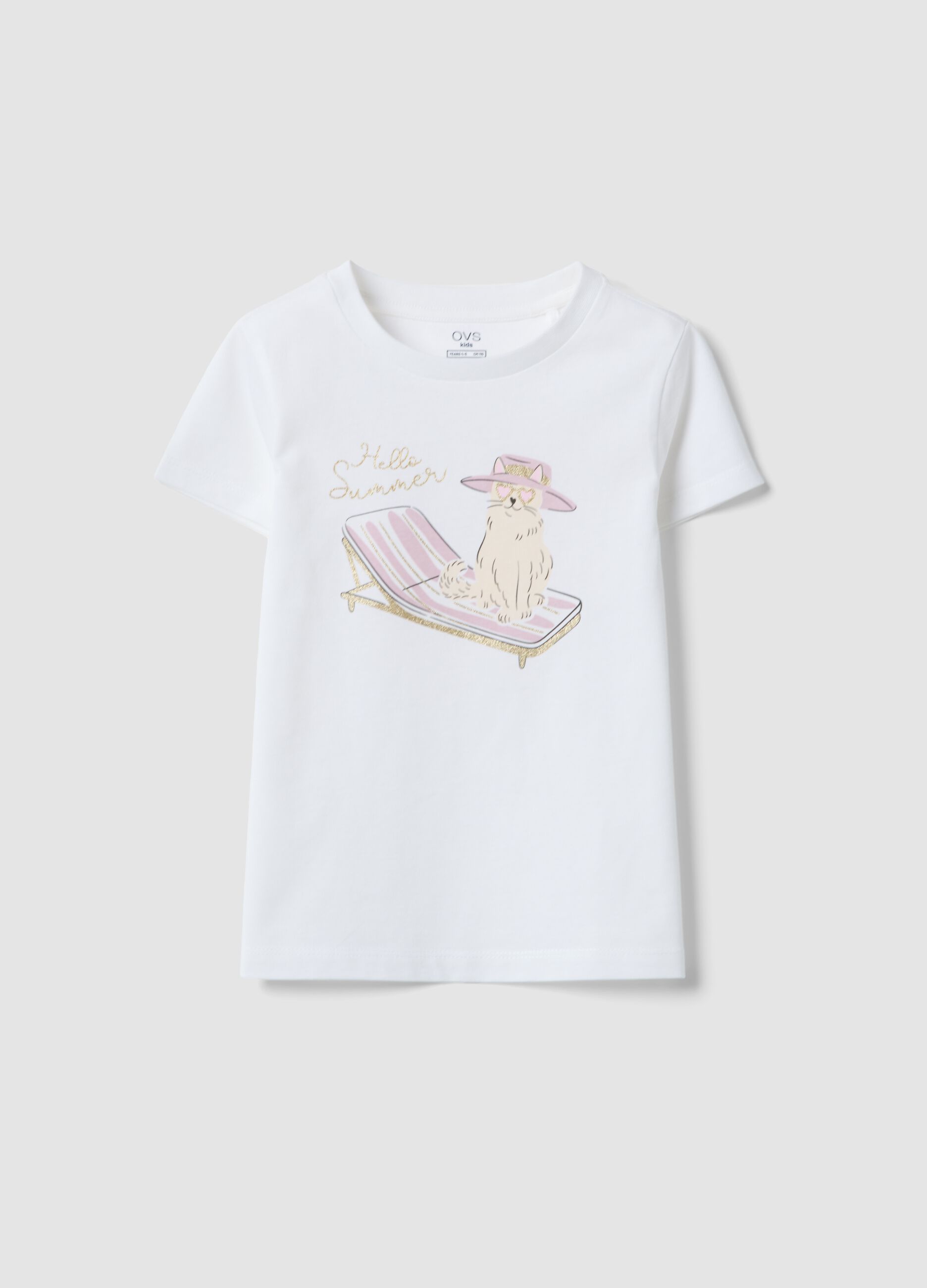 White pure organic cotton girls&rsquo; T-shirt with print and glitter