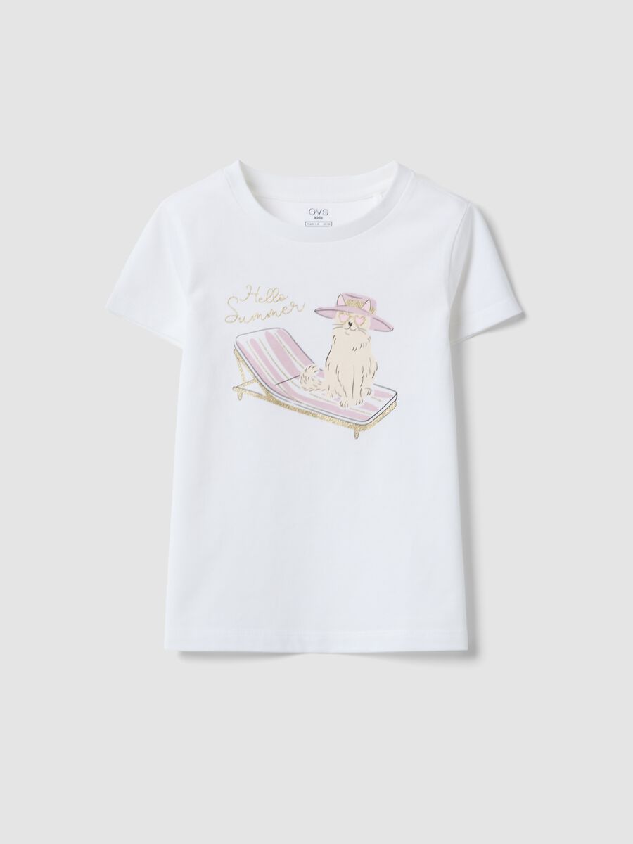 White pure organic cotton girls&rsquo; T-shirt with print and glitter_0