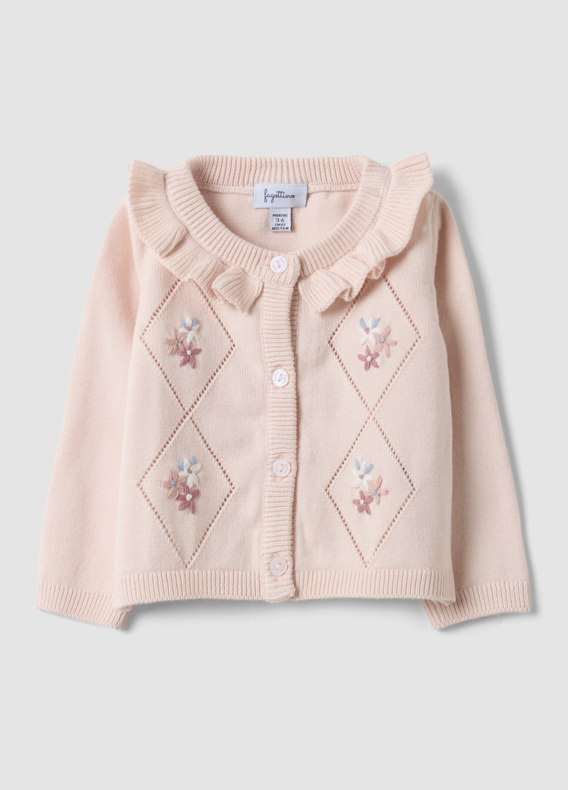 Pink pure organic cotton baby girl cardigan with ruffled collar