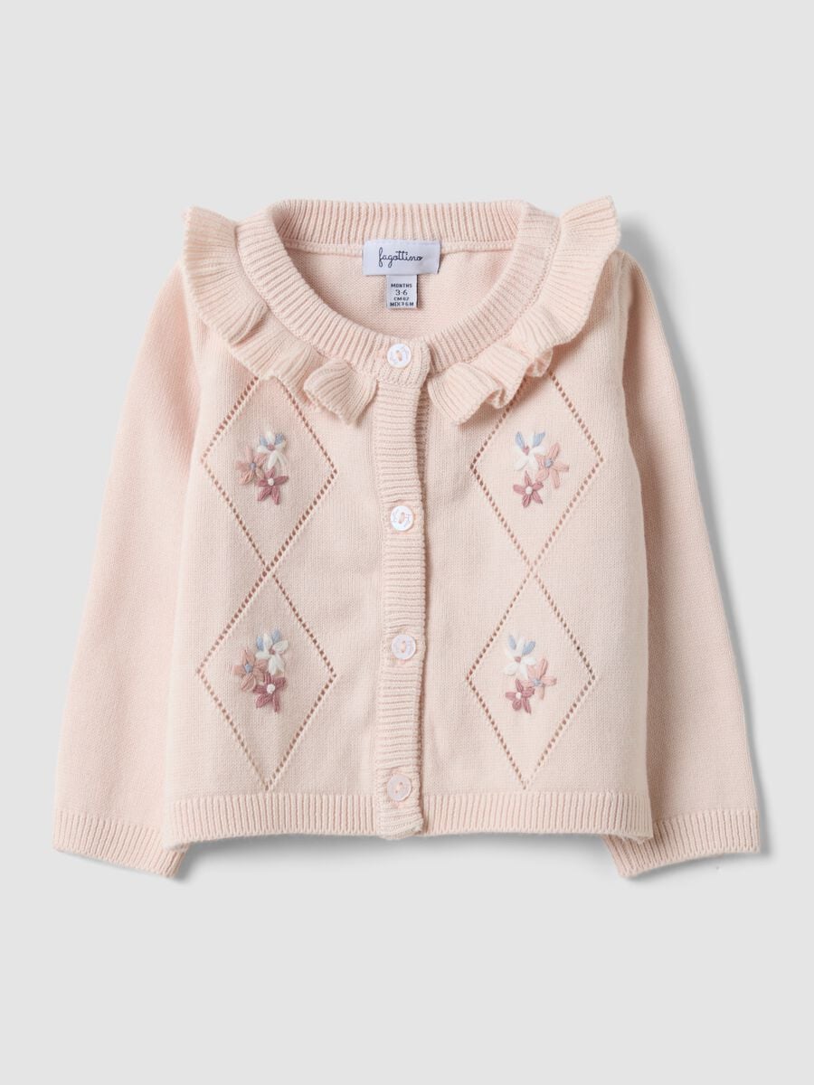 Cardigan rosa in puro cotone organico con colletto a volant per neonata_0