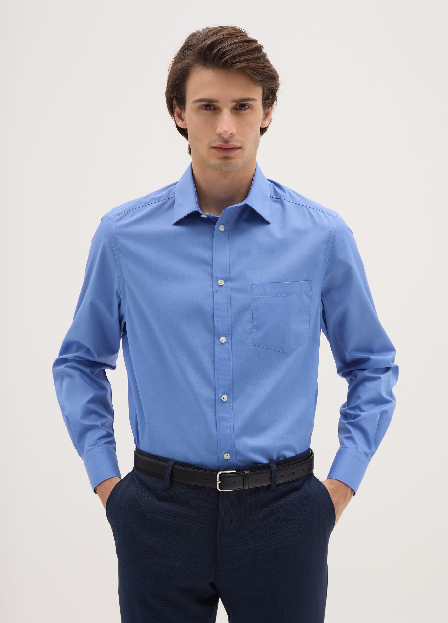Blue long-sleeve cotton blend shirt