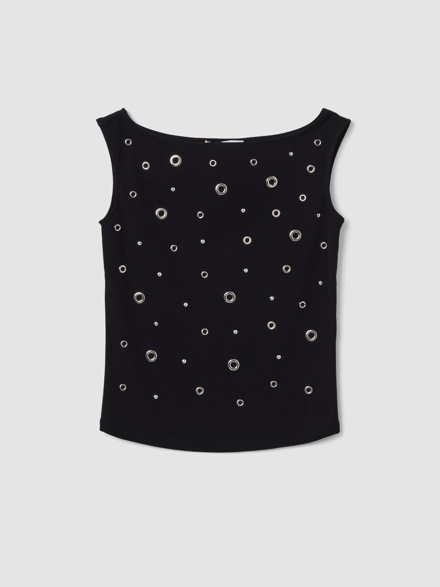 Black stretch cotton top with metal eyelets, regular fit_4