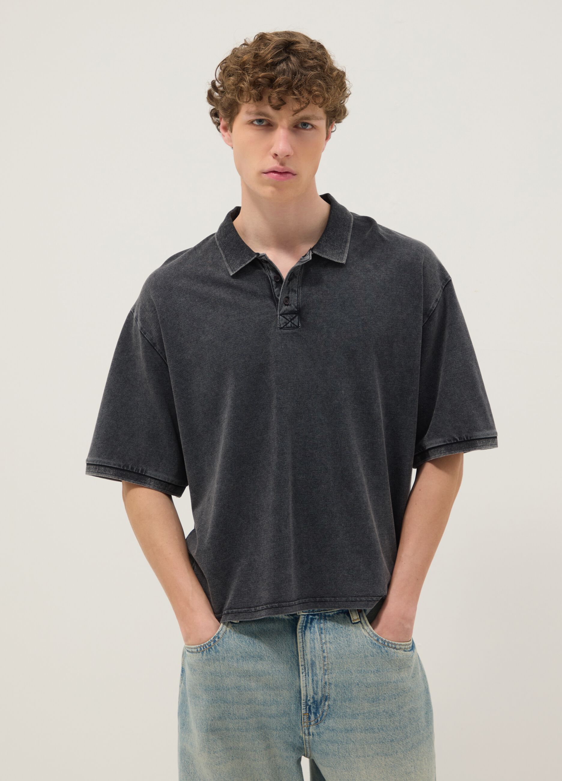 Polo a maniche corte in puro cotone nero regular fit