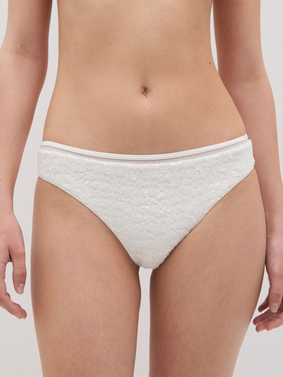Women’s Brazilian-cut briefs in white stretch fabric with sequins_2