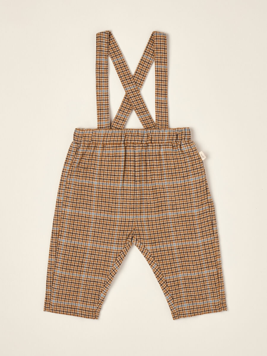Pantaloni marroni a quadri in misto cotone con bretelle_0