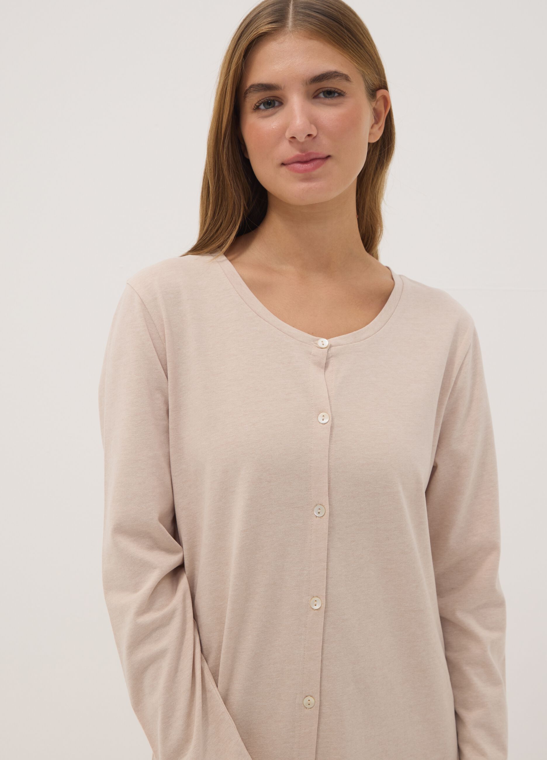 Beige organic cotton-blend jersey nightdress with crew neck