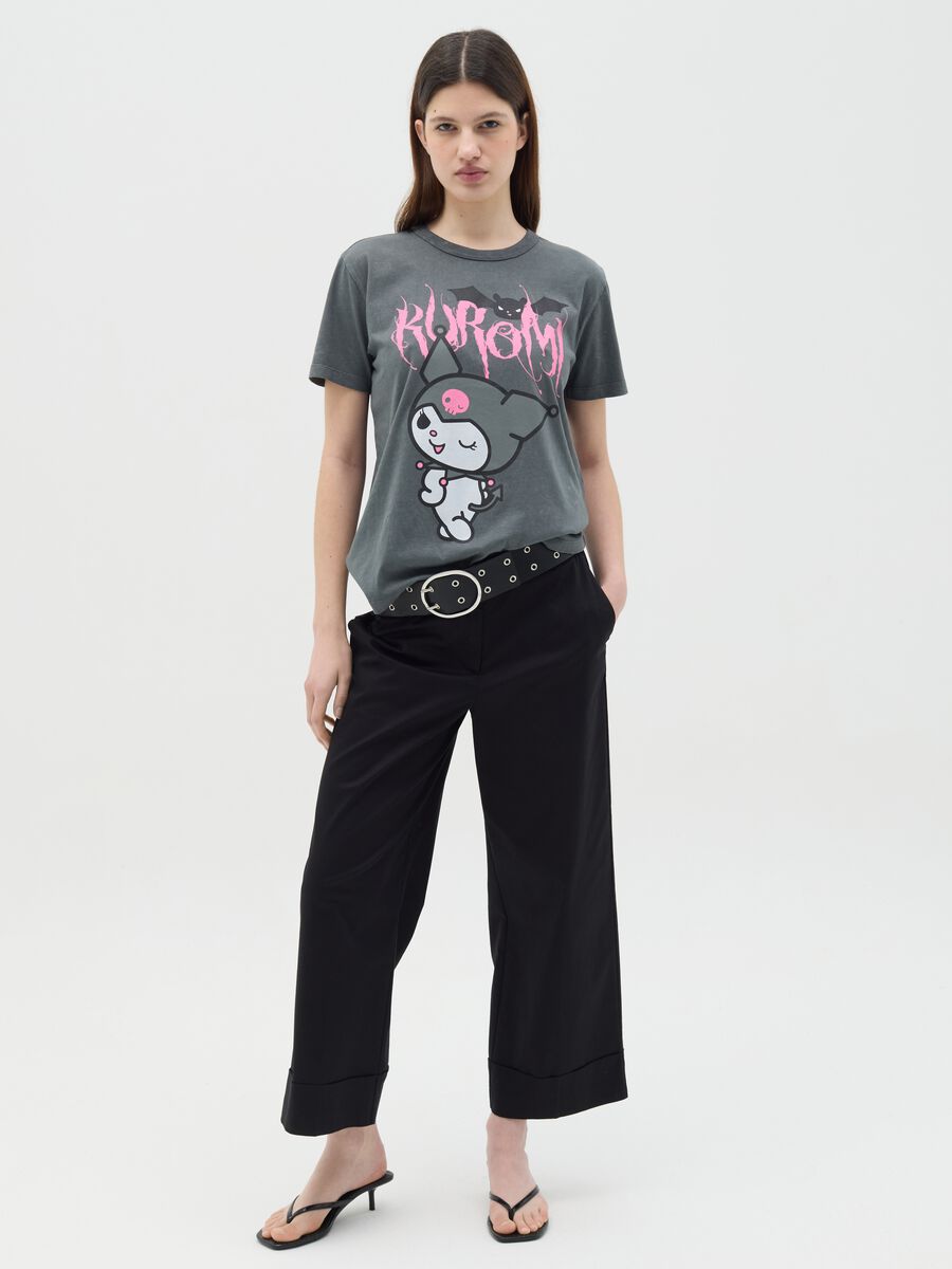 Black cotton T-shirt with Kuromi print_1