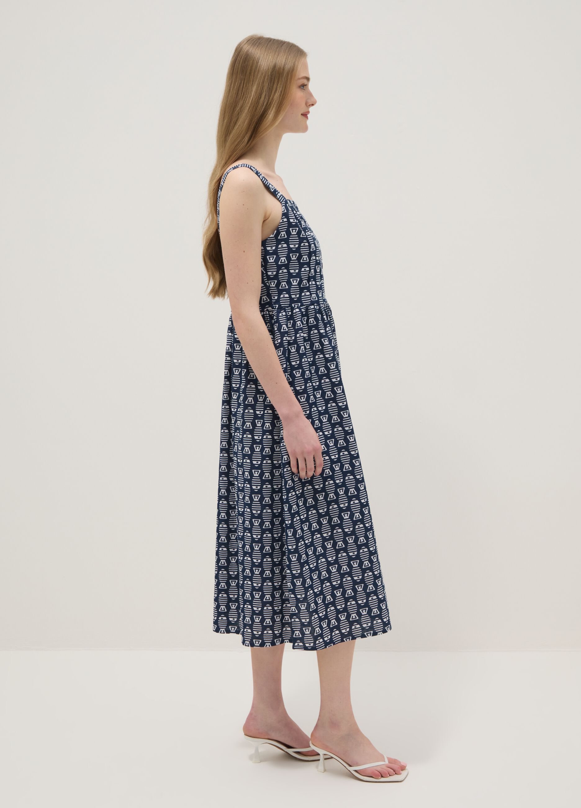 Blue pure cotton strappy dress with a summer print