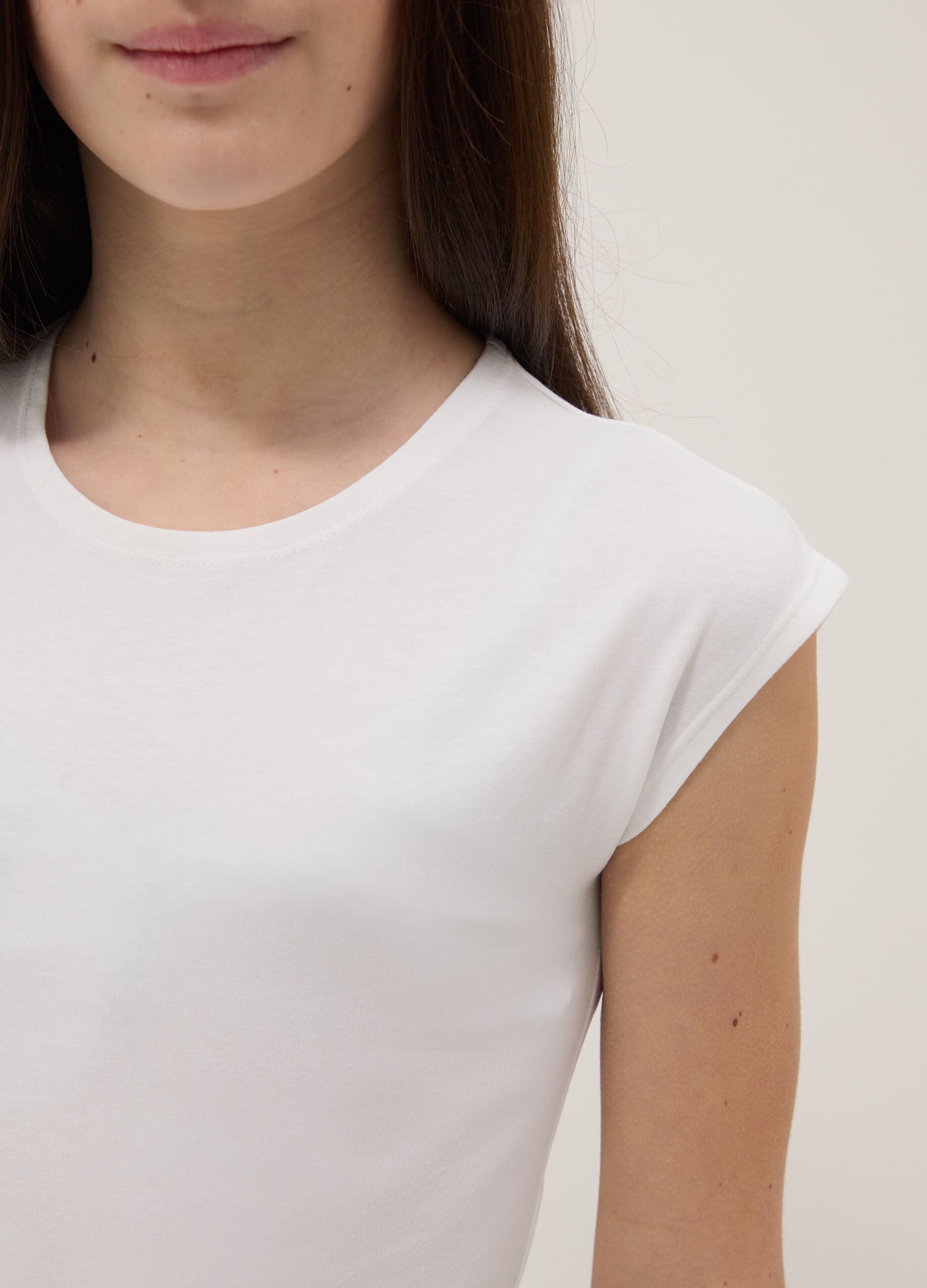 Girls' White Stretch Cotton Slim Fit T-shirt