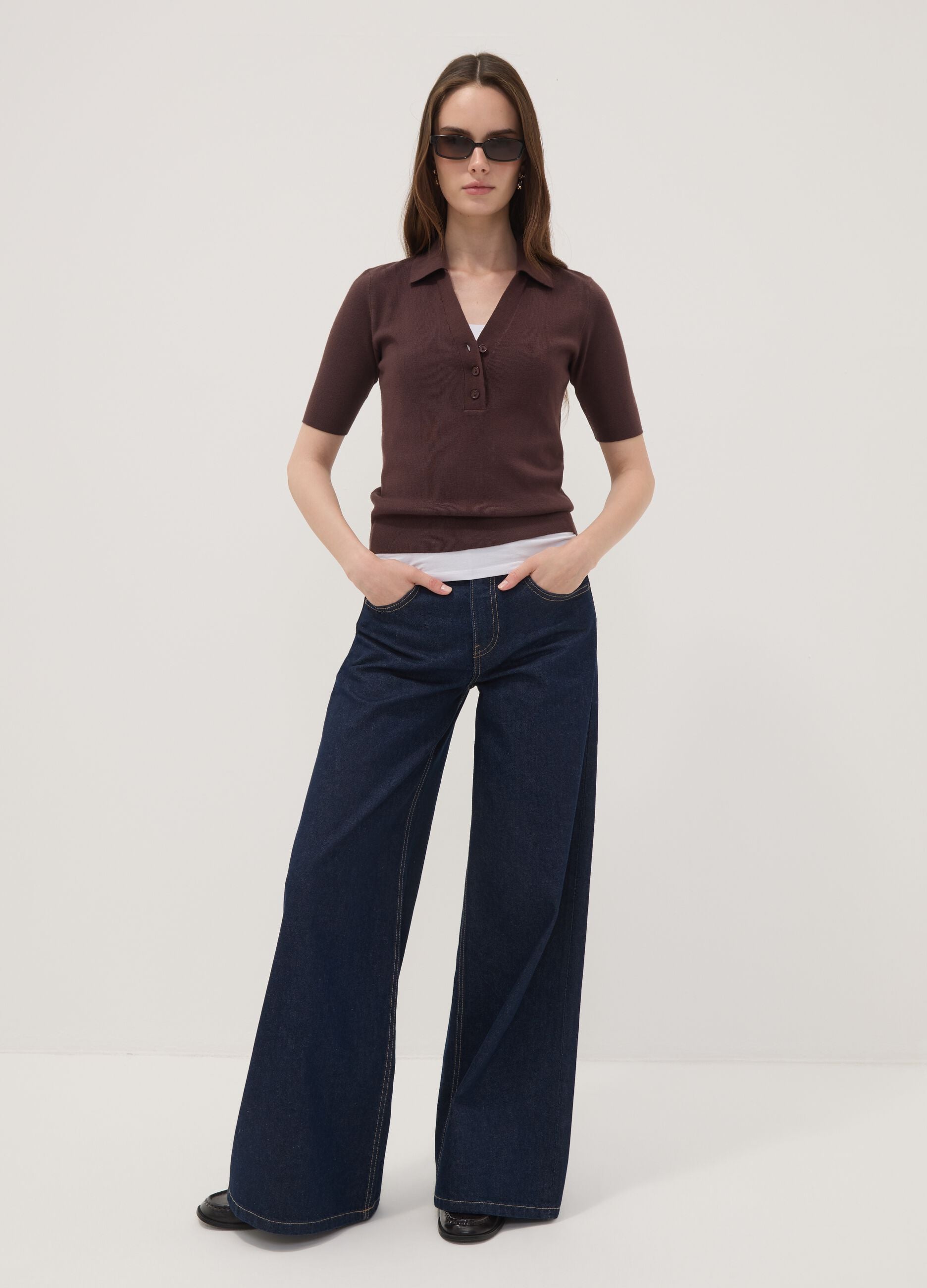 Brown viscose-blend polo jumper, regular fit