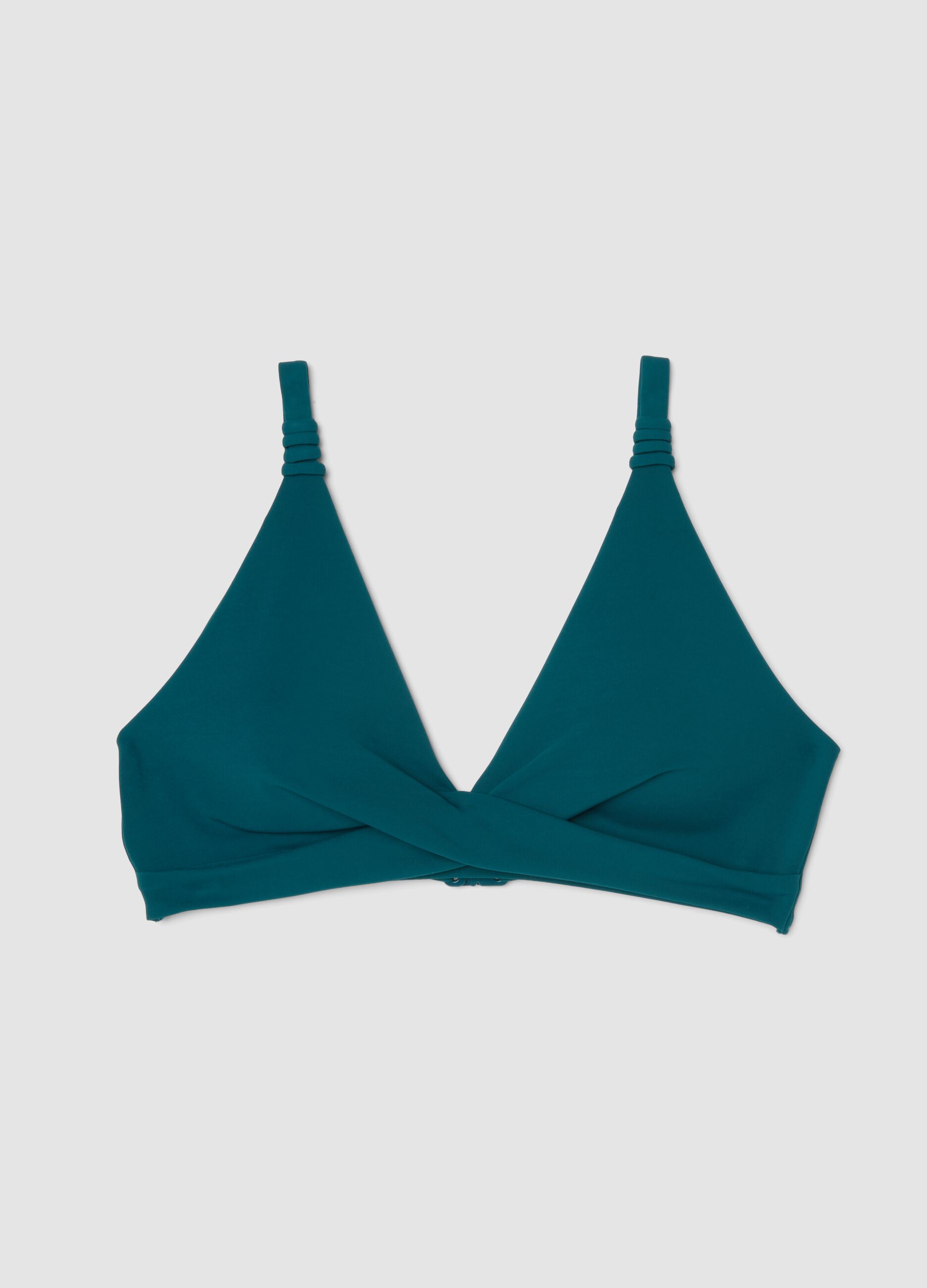Green triangle bikini top in stretch fabric with shaping effect