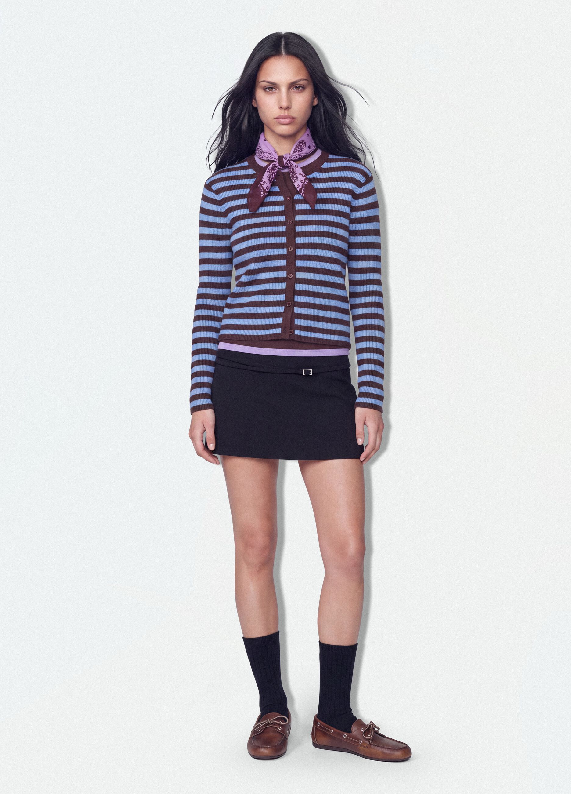 Cardigan azzurro girocollo in misto lyocell e lana a righe over fit