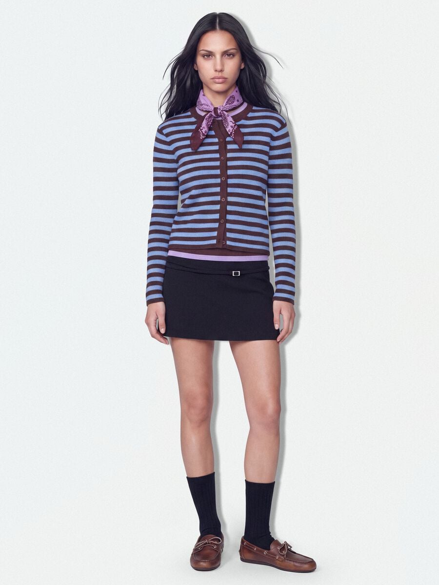 Cardigan azzurro girocollo in misto lyocell e lana a righe over fit_1