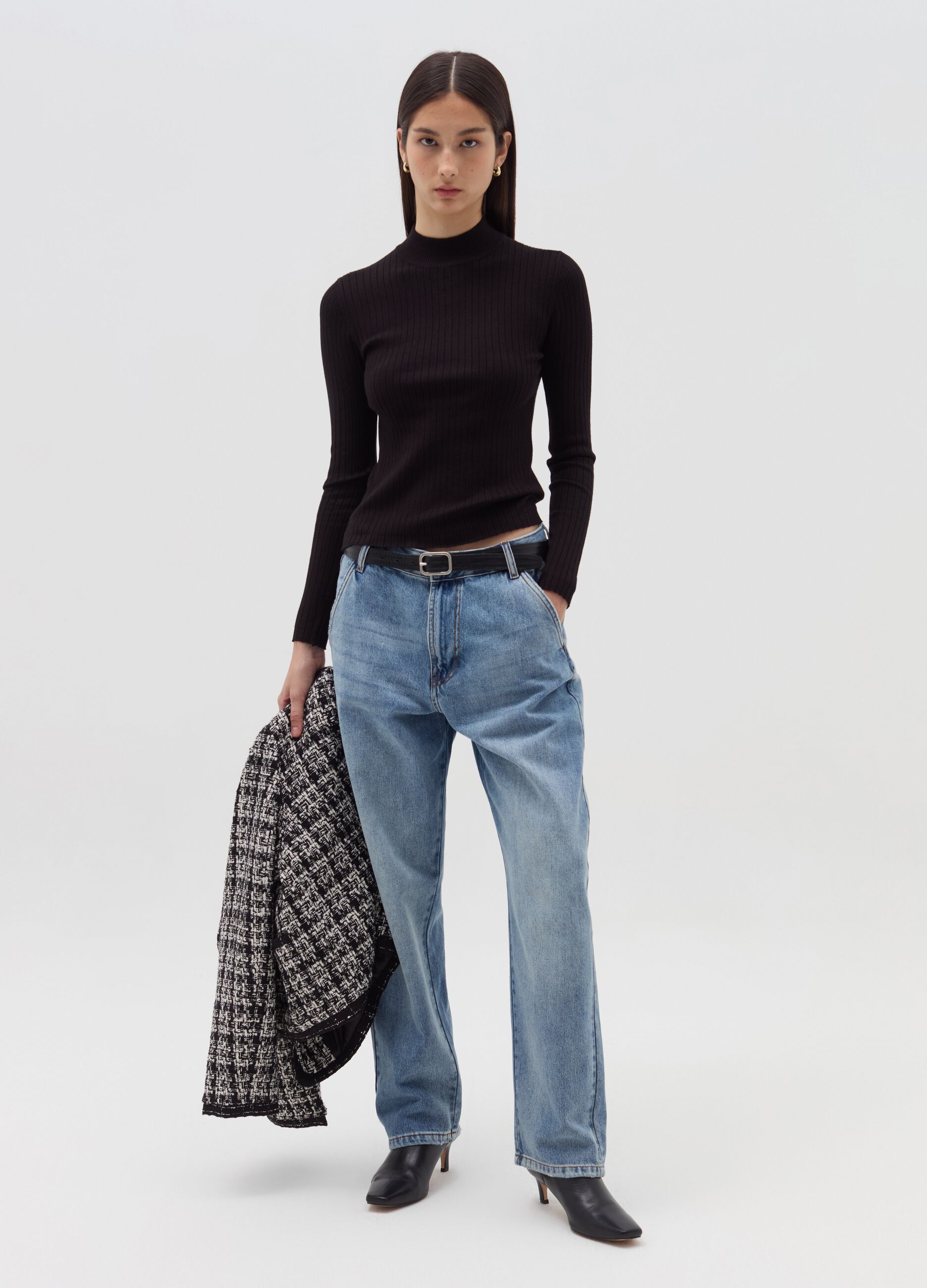 Flat ribbed top with mock neck
