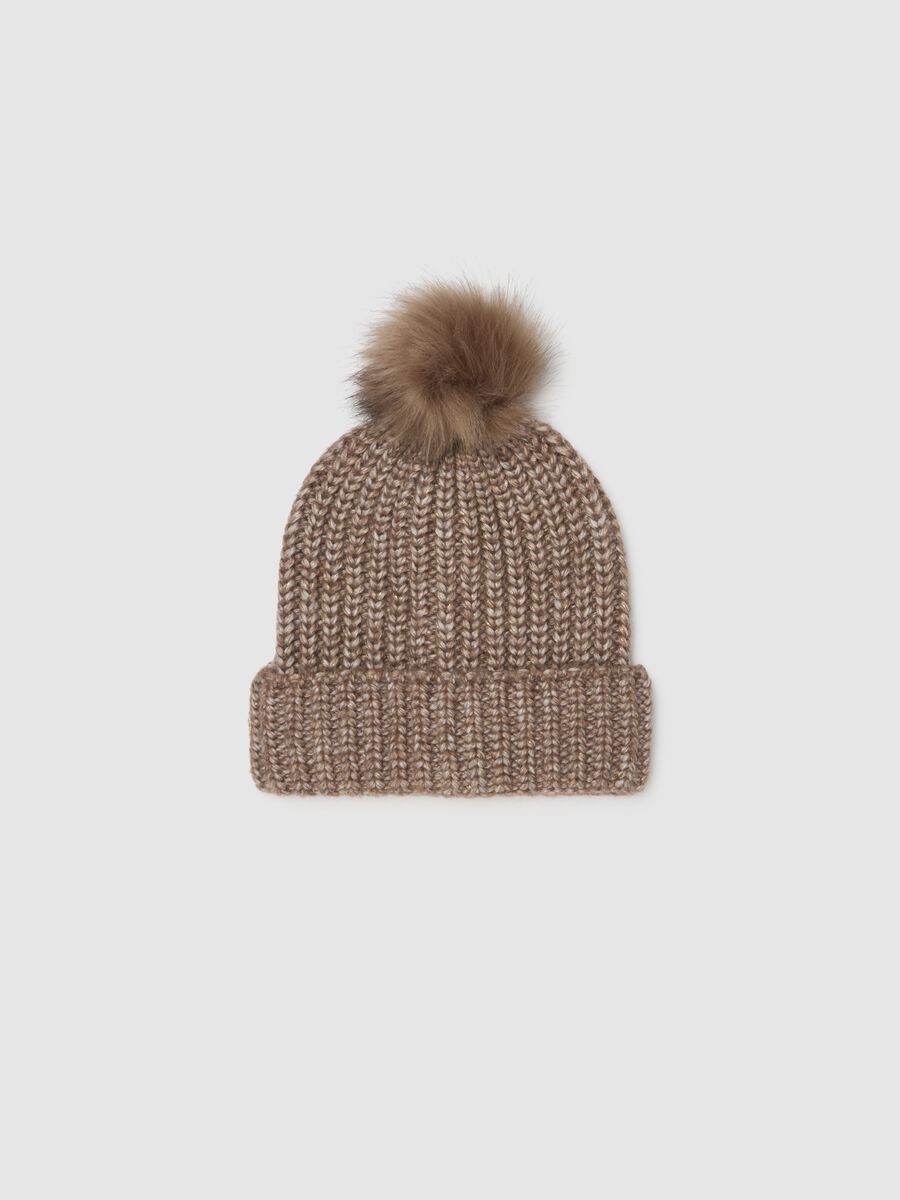 Brown hat with jersey knit pompom_0