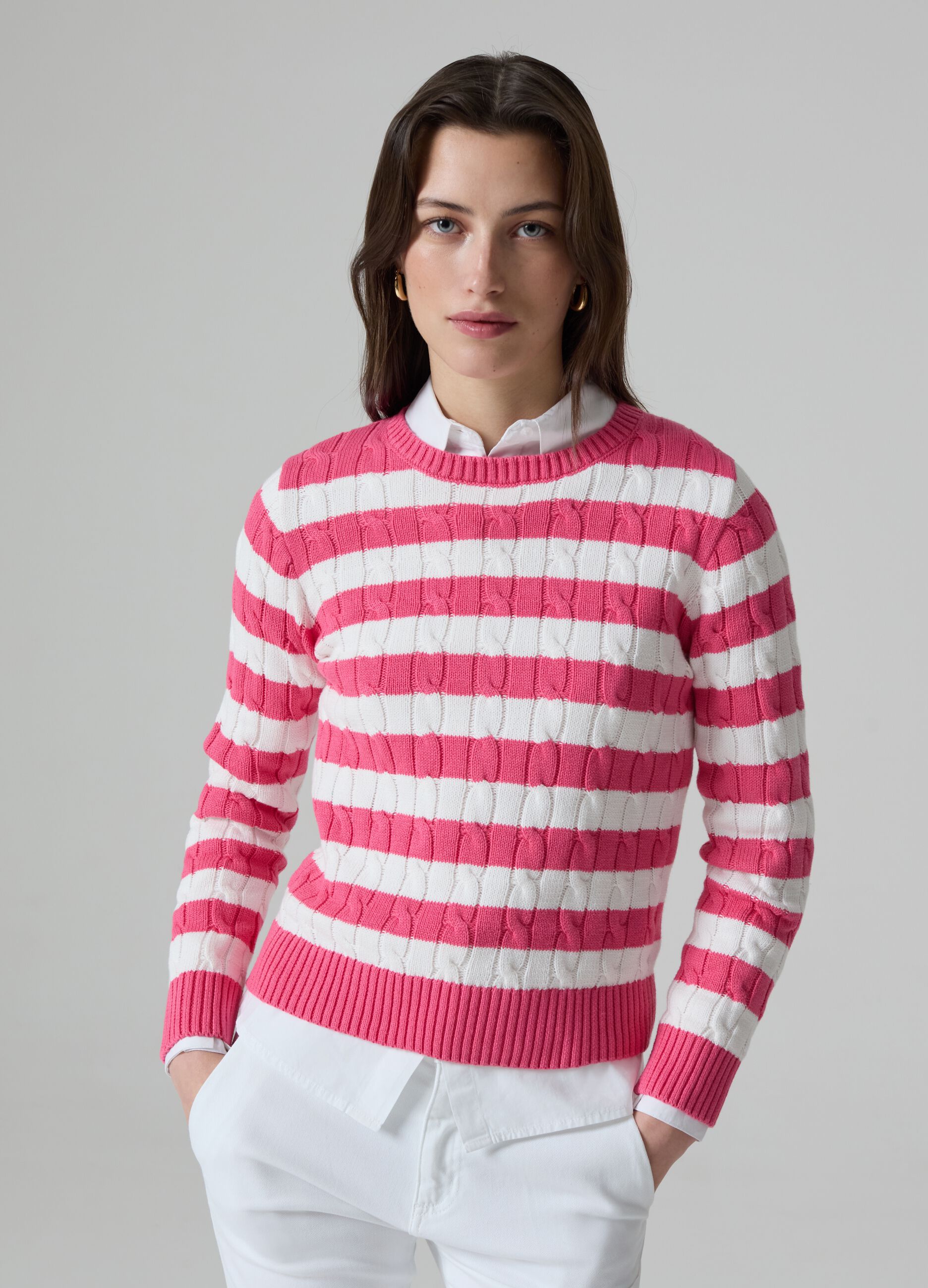 Striped pullover with cable-knit design