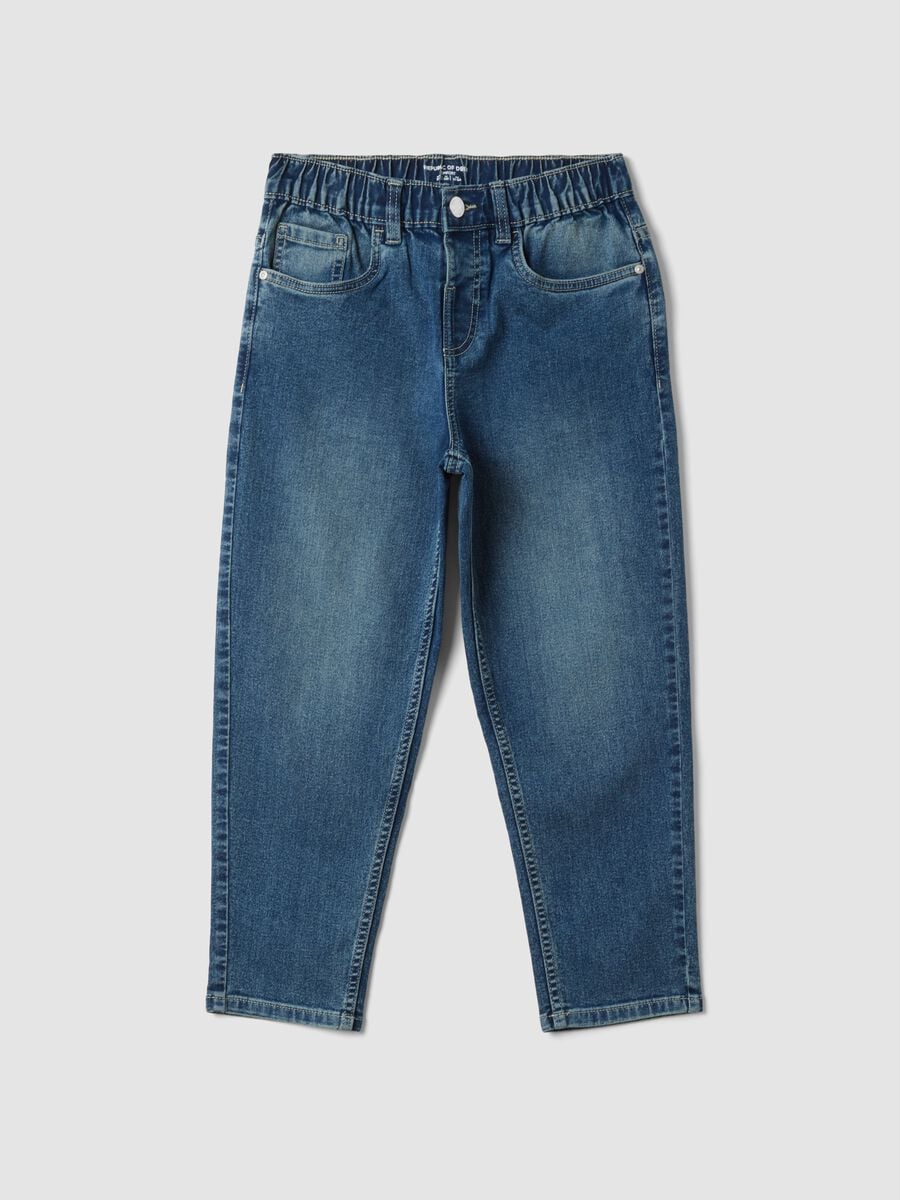 Jeans blu in cotone elasticizzato con vita elasticizzata comfort fit_0