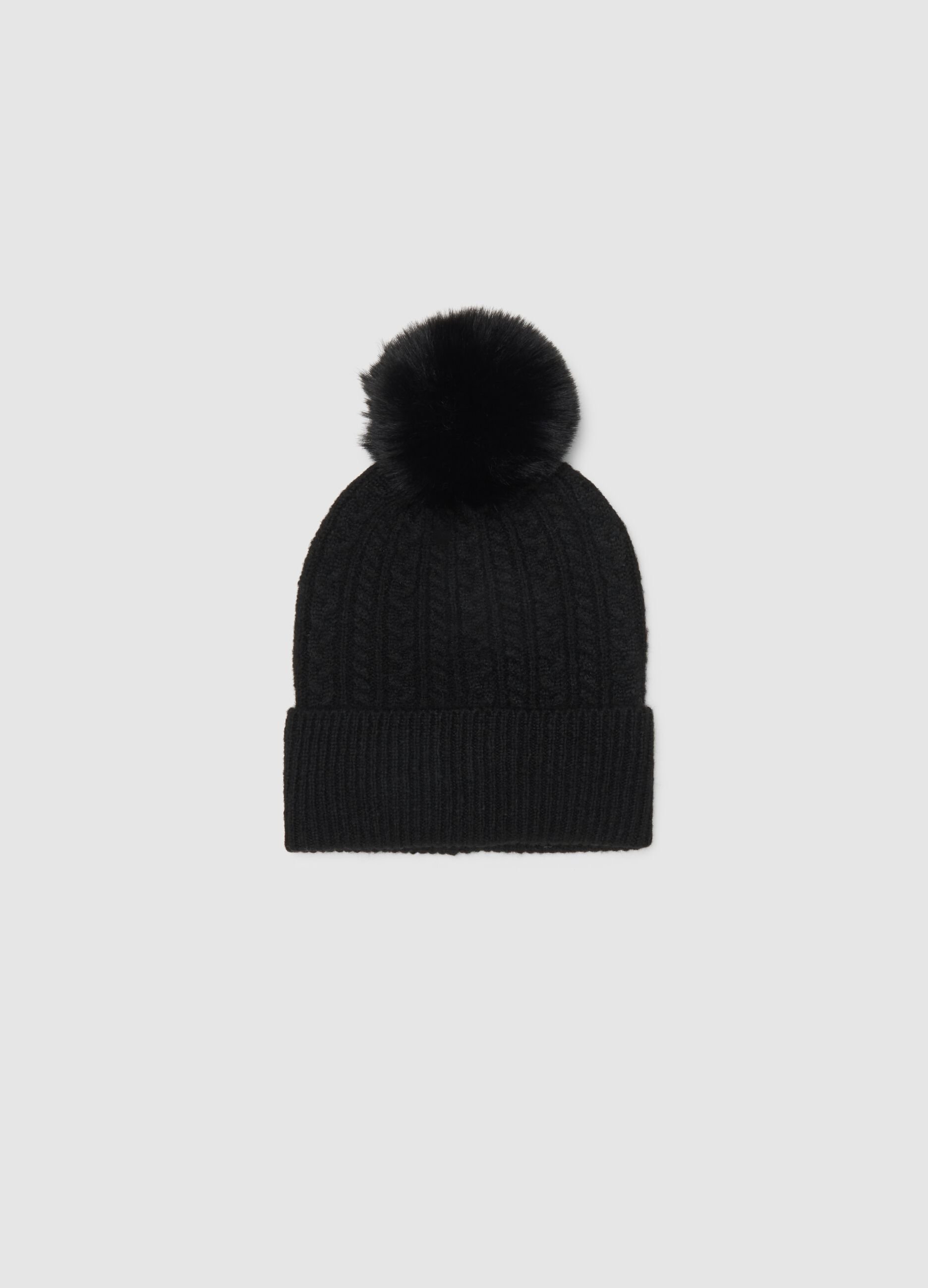 Black knitted beanie hat with pompom