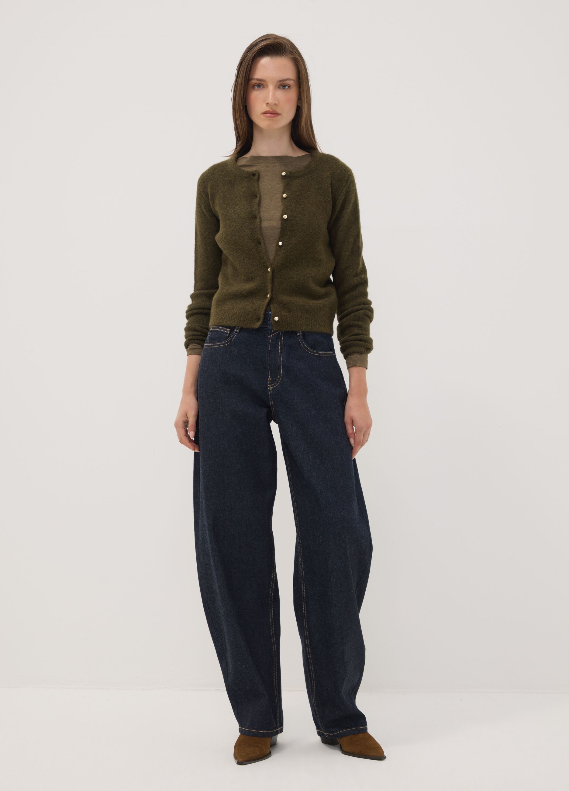 Green stretch-wool crew-neck cardigan, regular fit