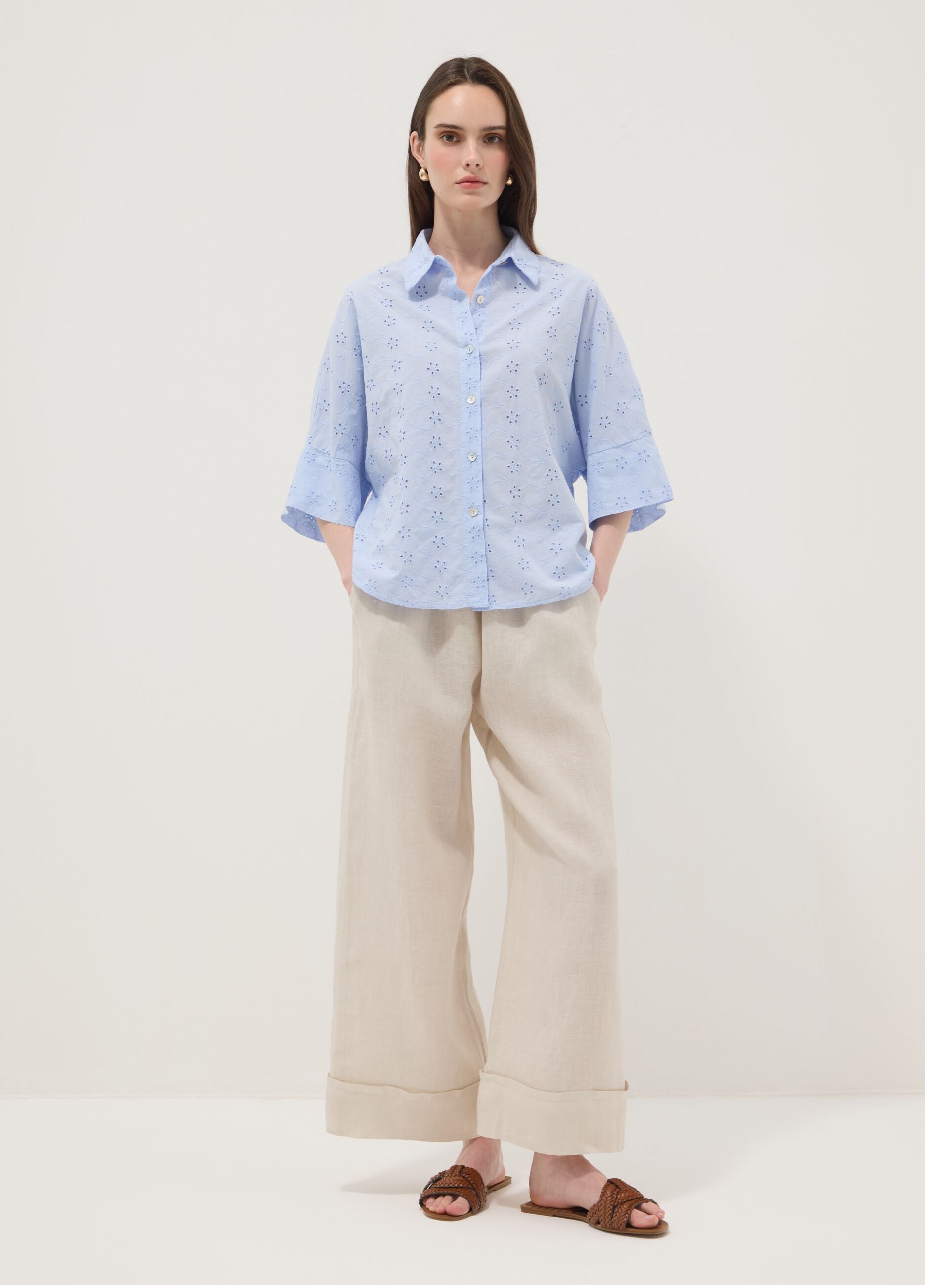 Sky blue openwork pure cotton shirt, regular fit