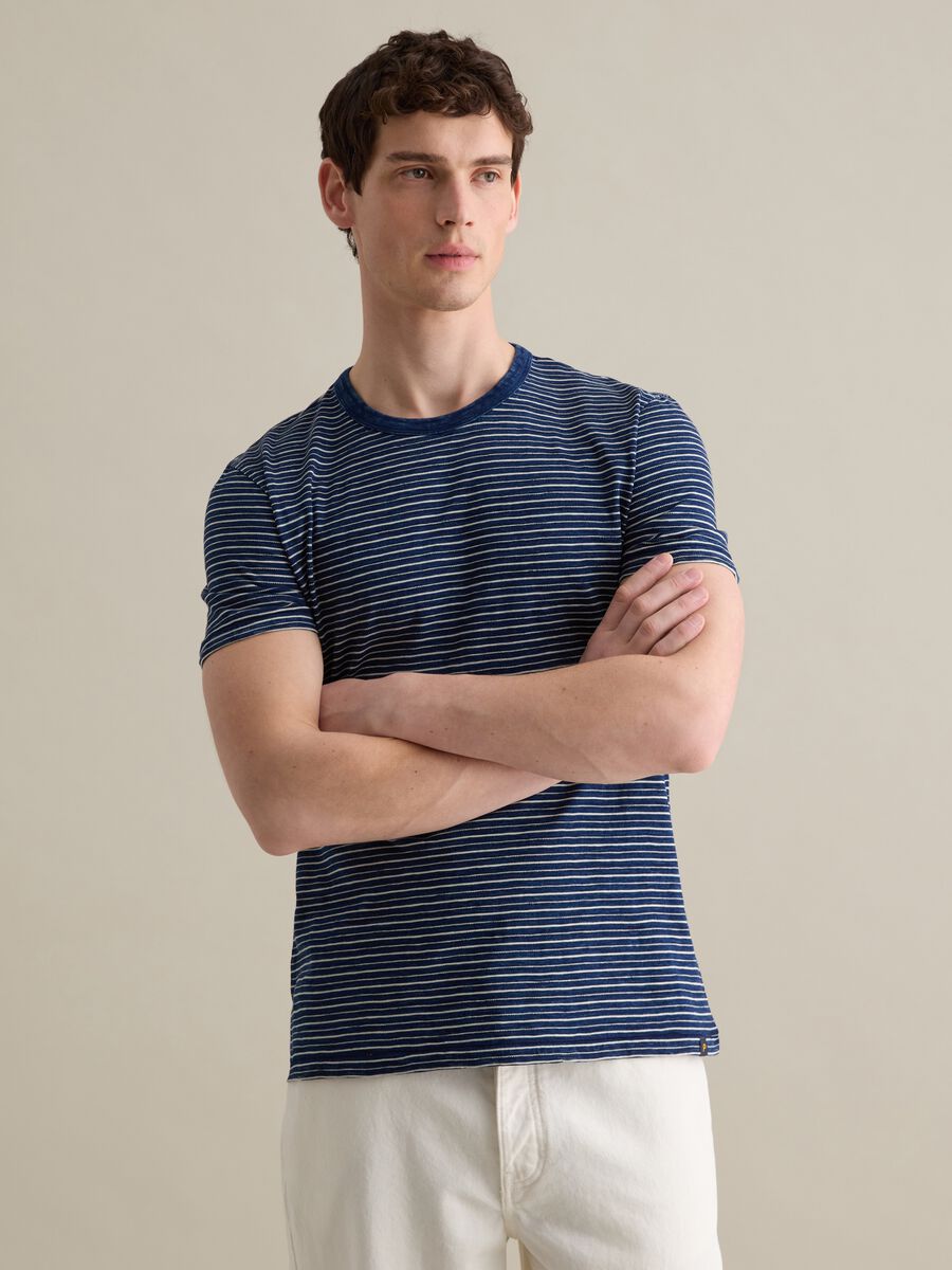 Blue and white T-shirt in striped cotton_0