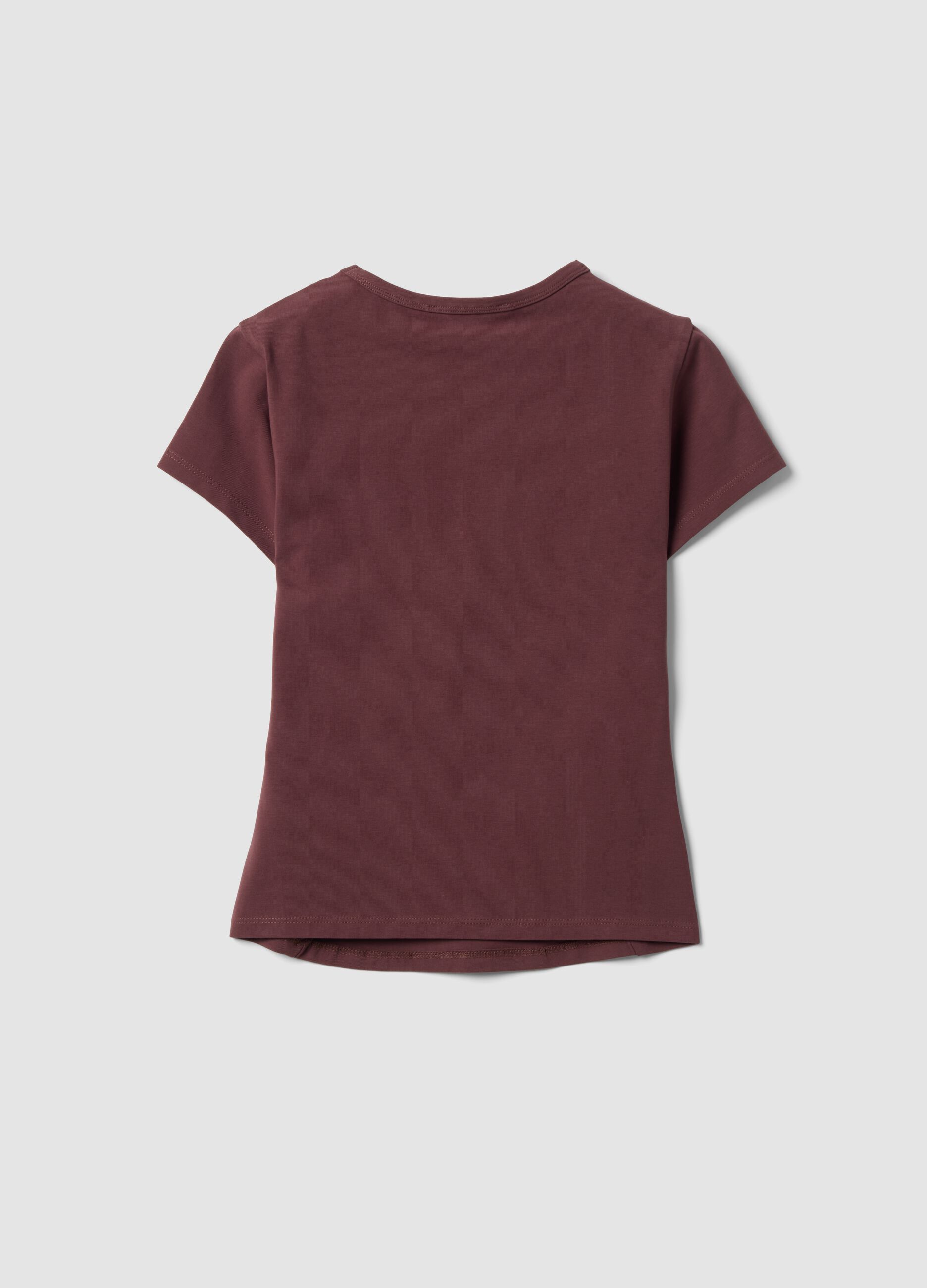 Brown fitted stretch cotton T-shirt with rhinestone embellishments