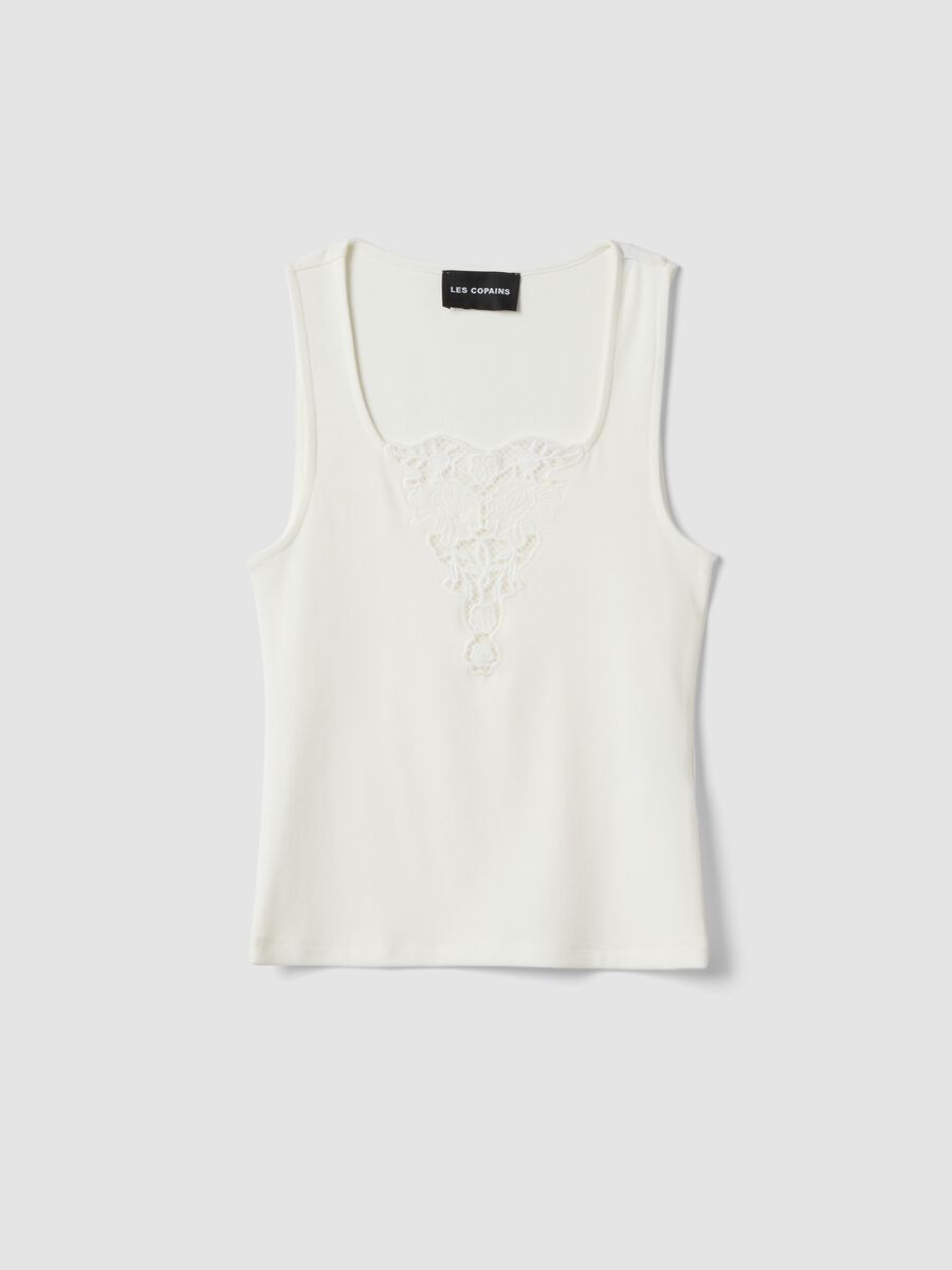 White stretch viscose tank top with embroidered detail_0