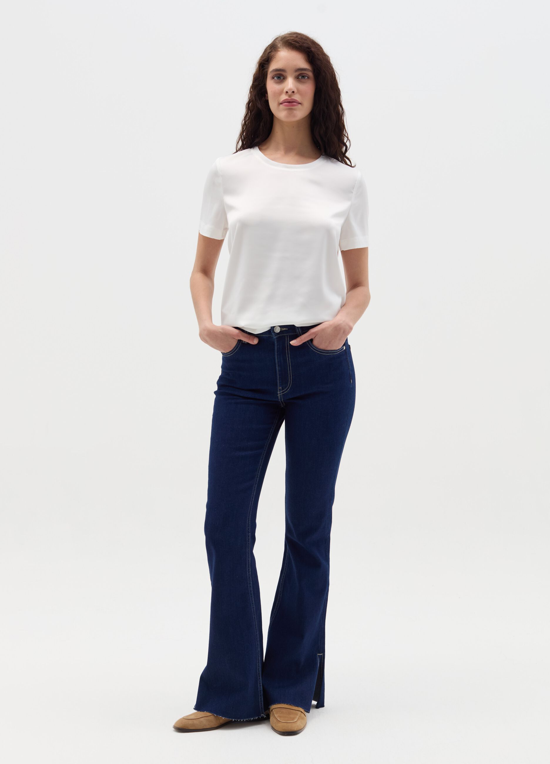 Short-sleeved blouse in satin
