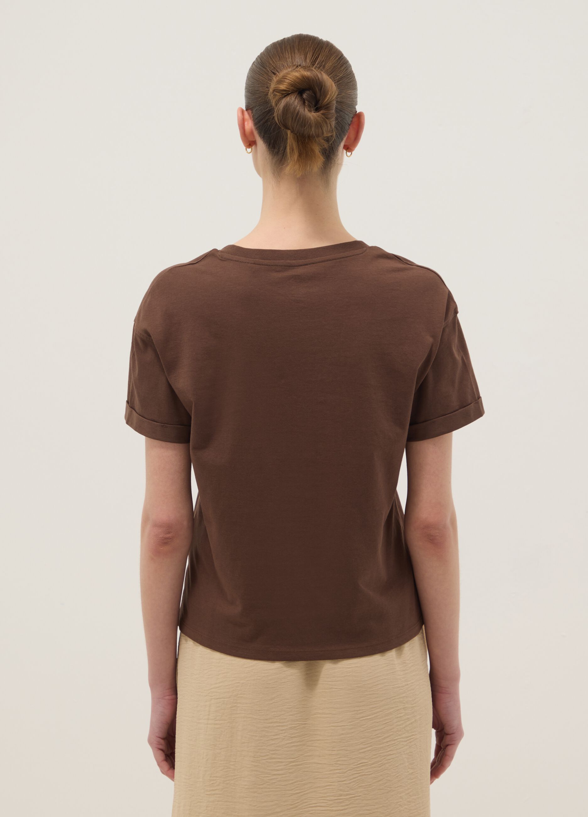 Brown pure cotton V-neck relaxed fit T-shirt