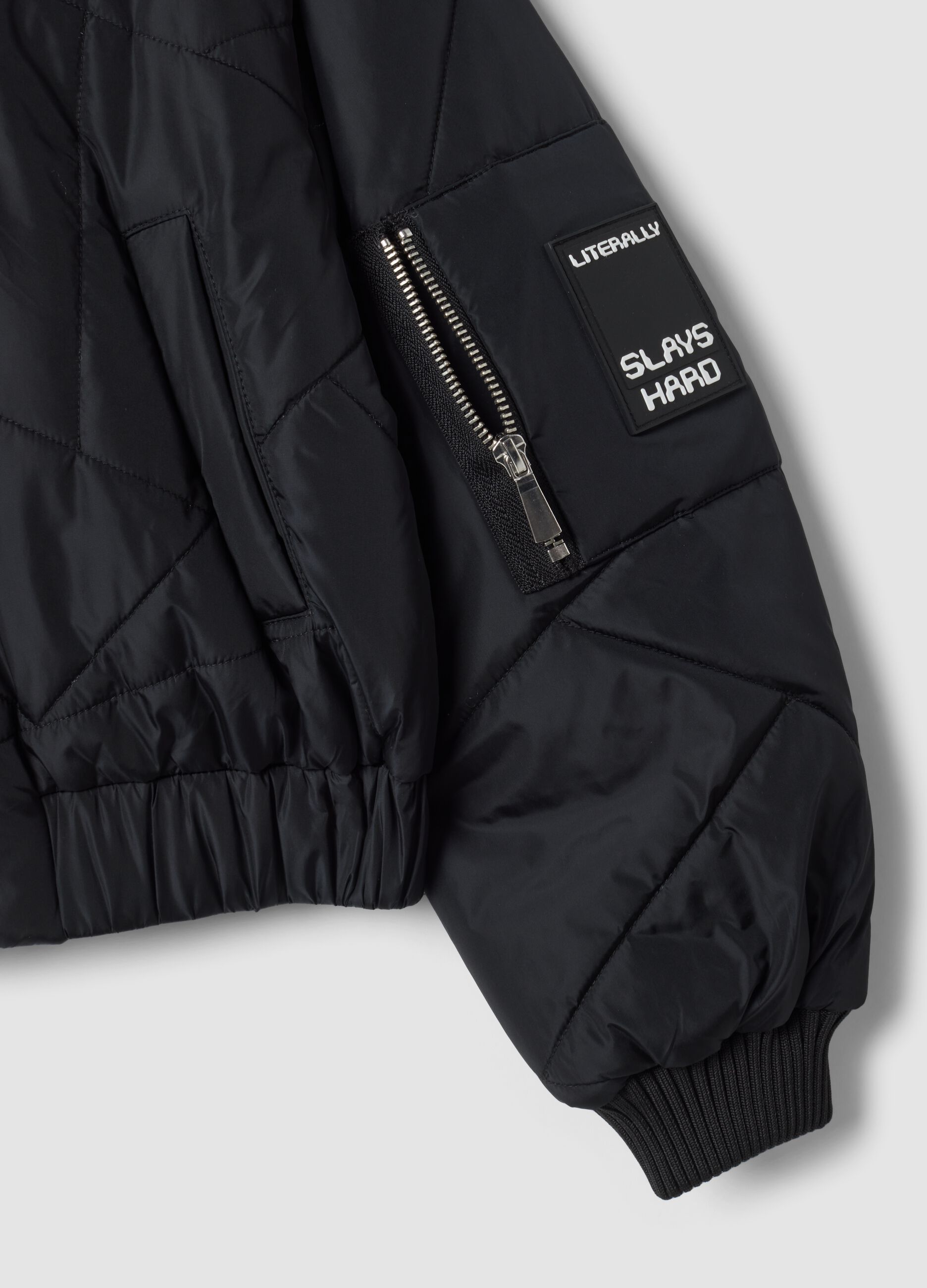 Black padded jacket with zip and high neck