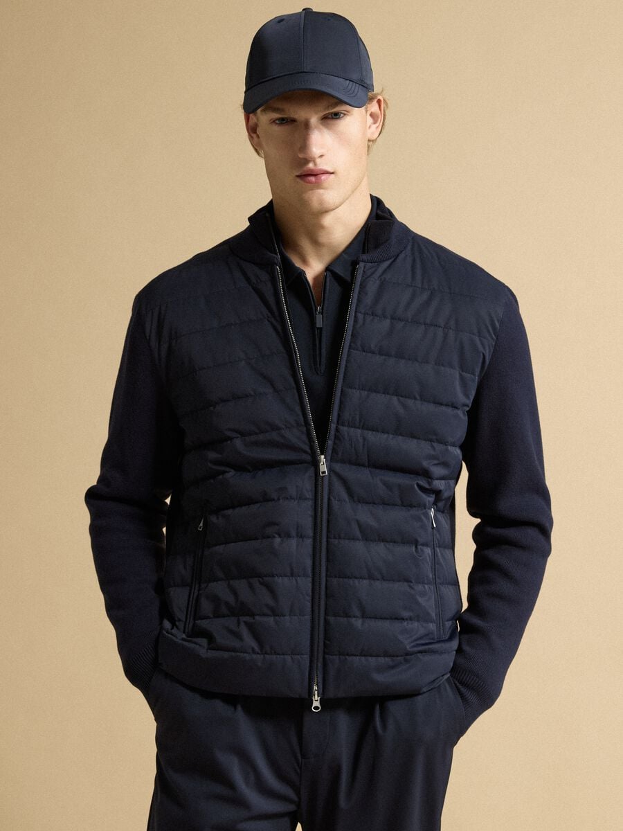 Blue pure cotton zip jacket with knitted sleeves, regular fit_0