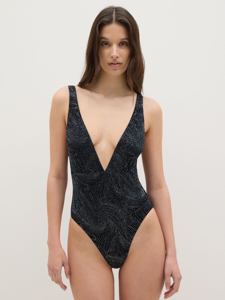 One-piece women’s costume in black stretch acetate with V neck_0