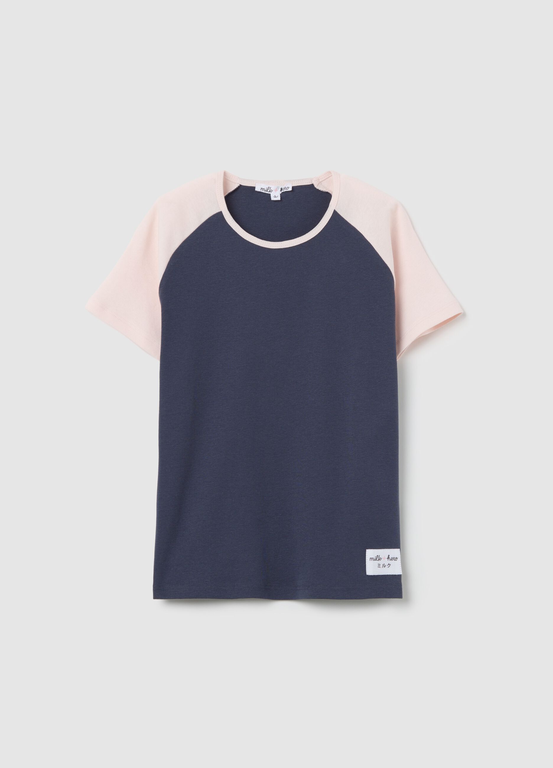 Blue T-shirt with pink raglan sleeves