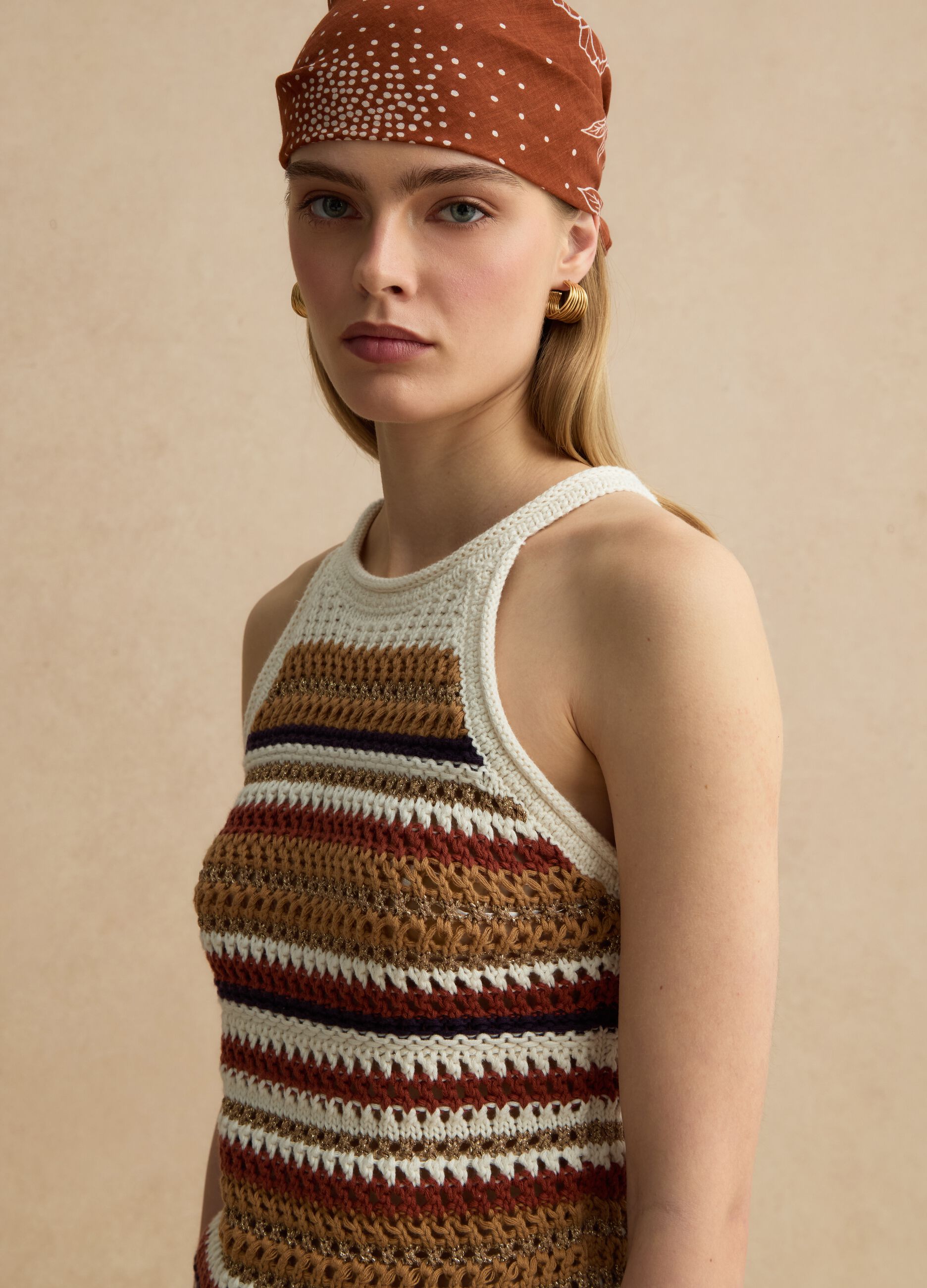 Multicolour striped fitted knitted cotton-blend top