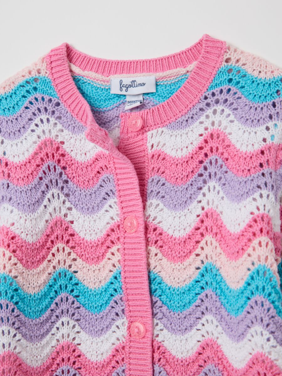 Pink and light blue cardigan with striped openwork design_2