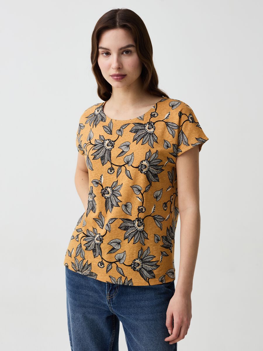 Cotton and linen T-shirt with floral print_0