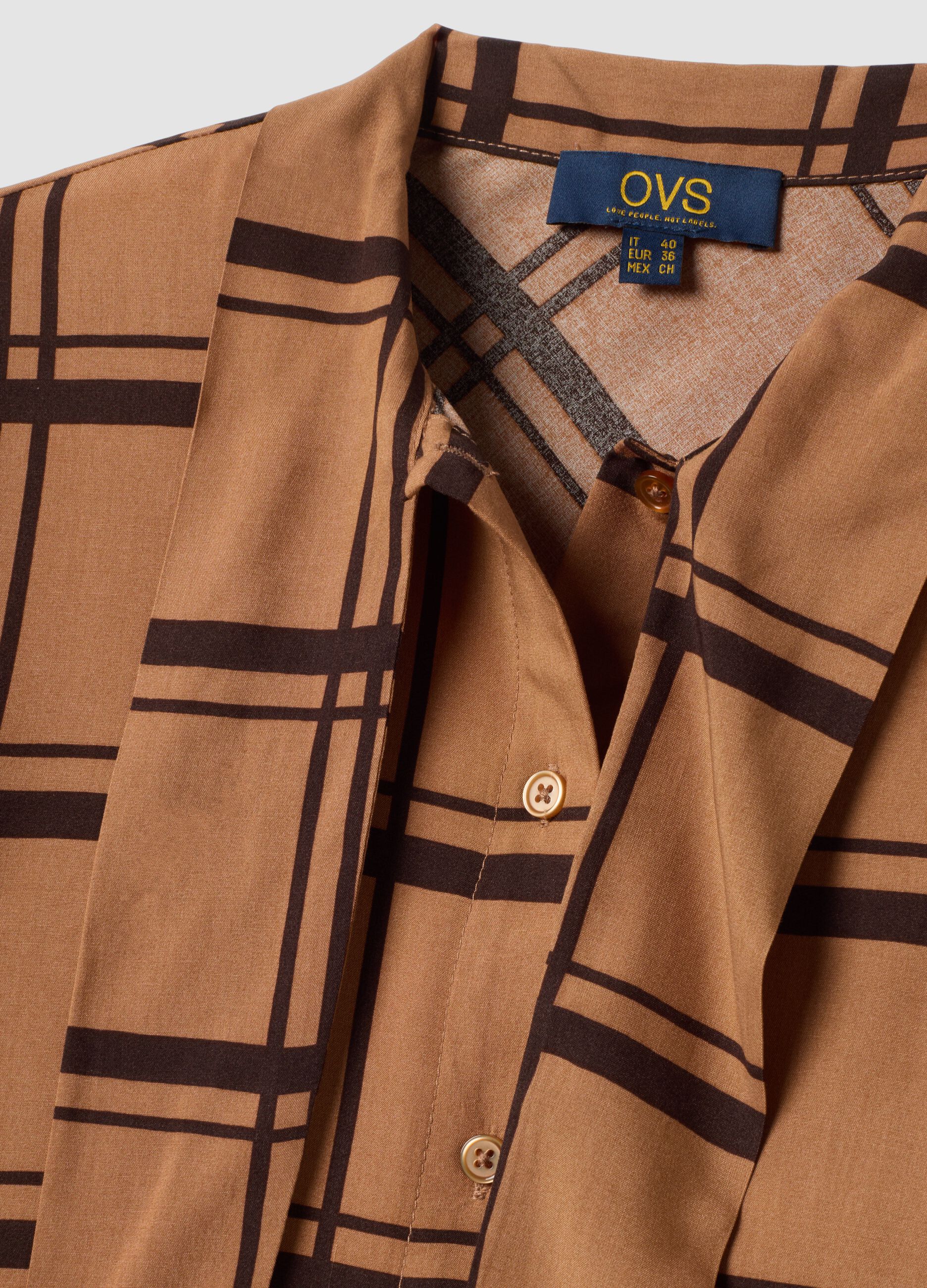 Brown checked pure viscose shirt with neck tie, regular fit