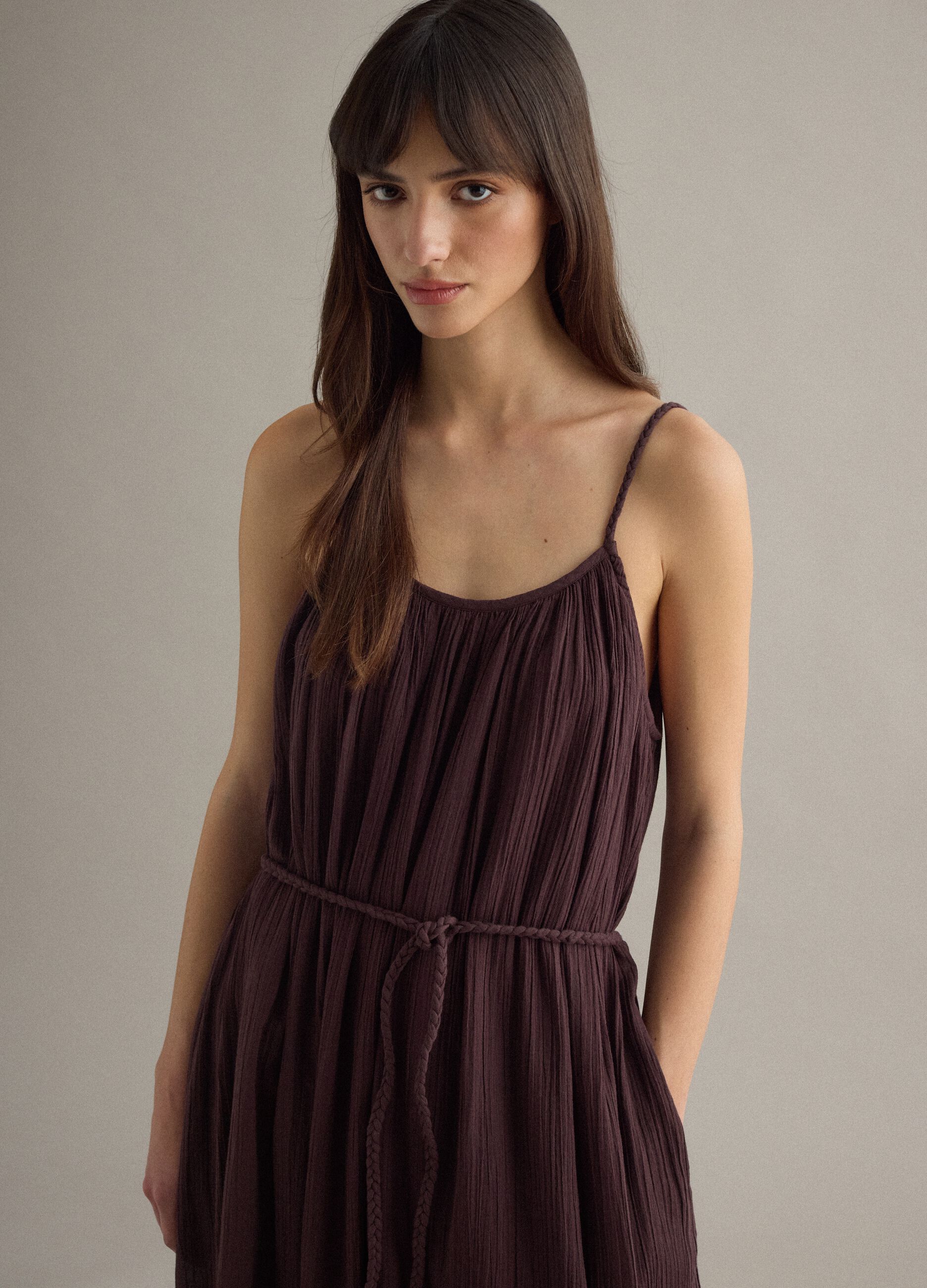 Brown pure cotton long dress regular fit