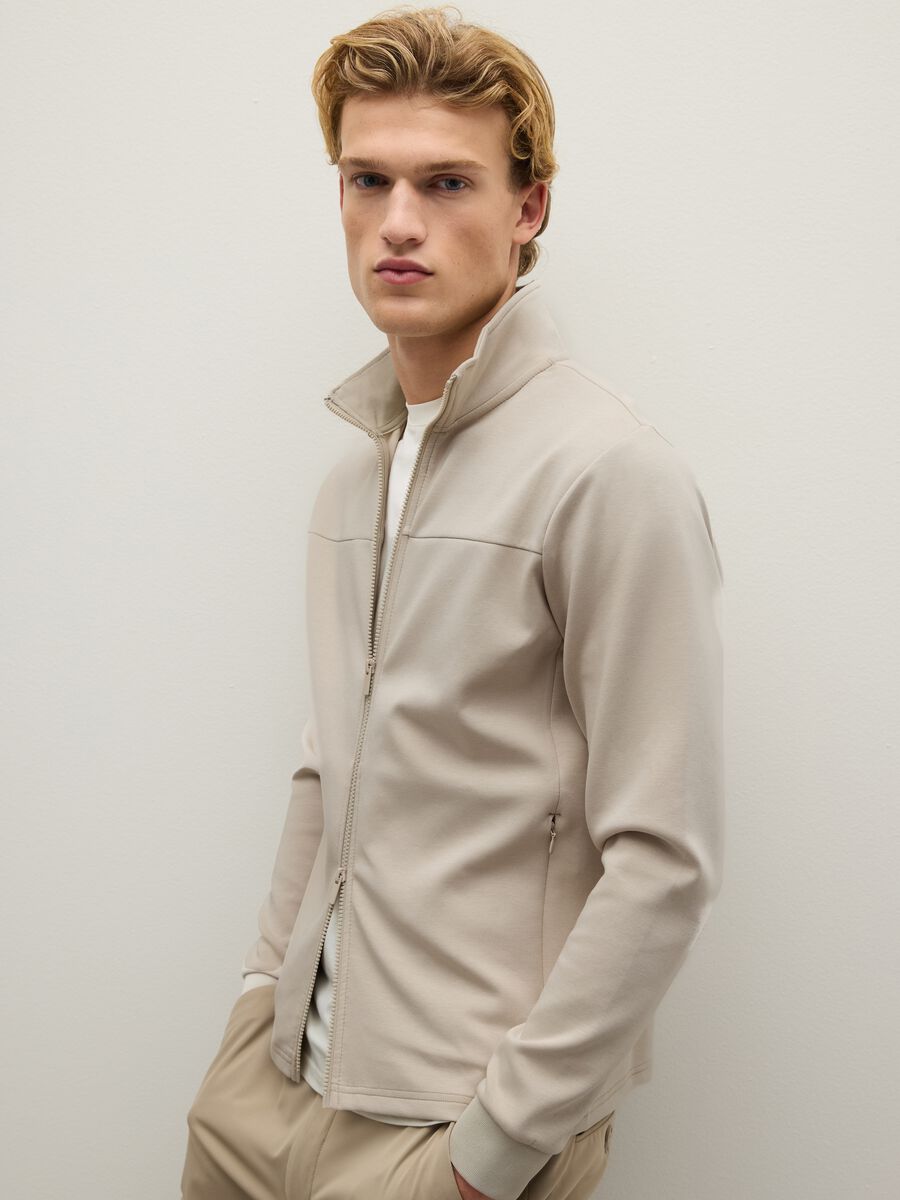 Beige cotton blend zip-up sweatshirt with regular fit_0